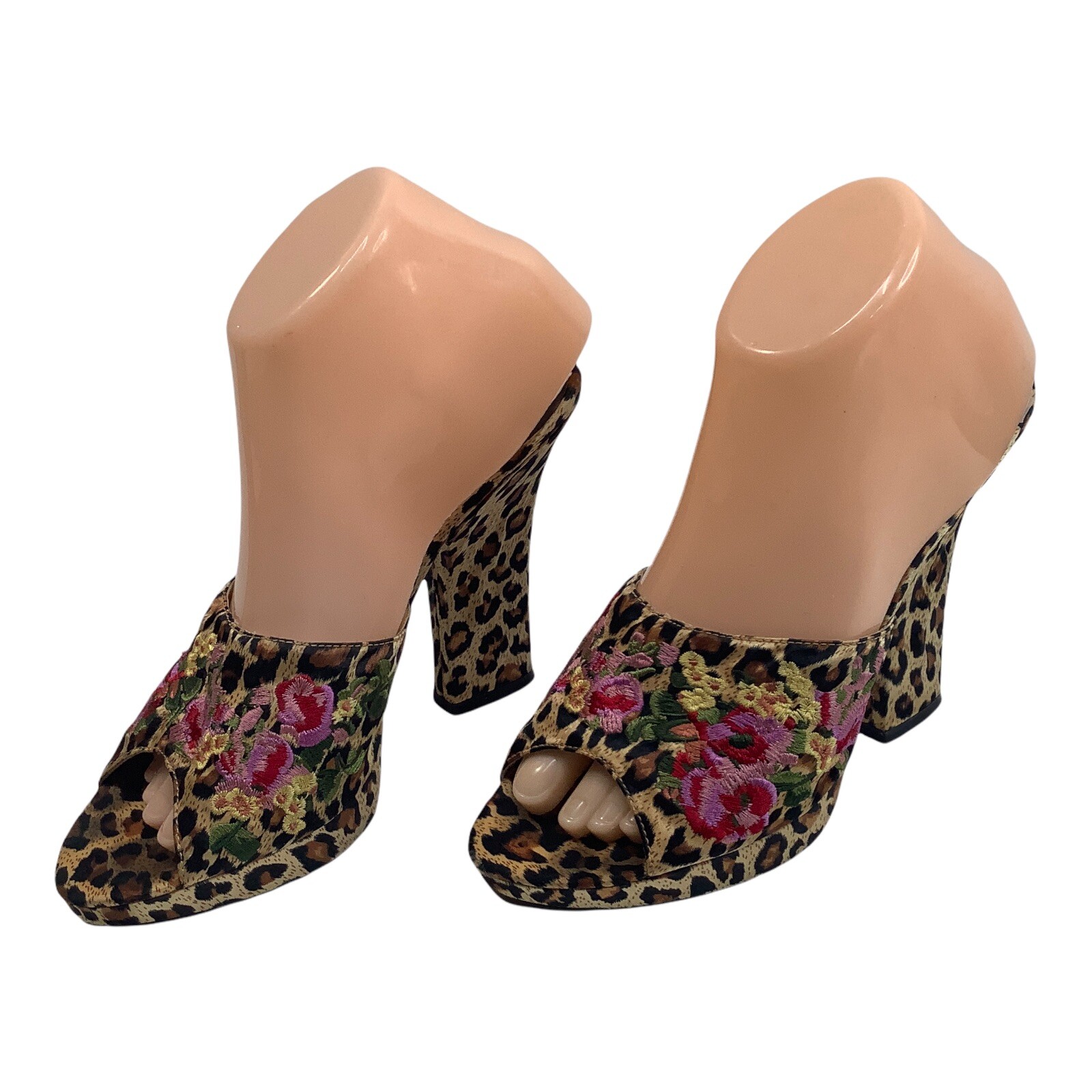 Womans Joey Blooming Satin Sandals High Heel 5″ Leopard Floral Embroidered