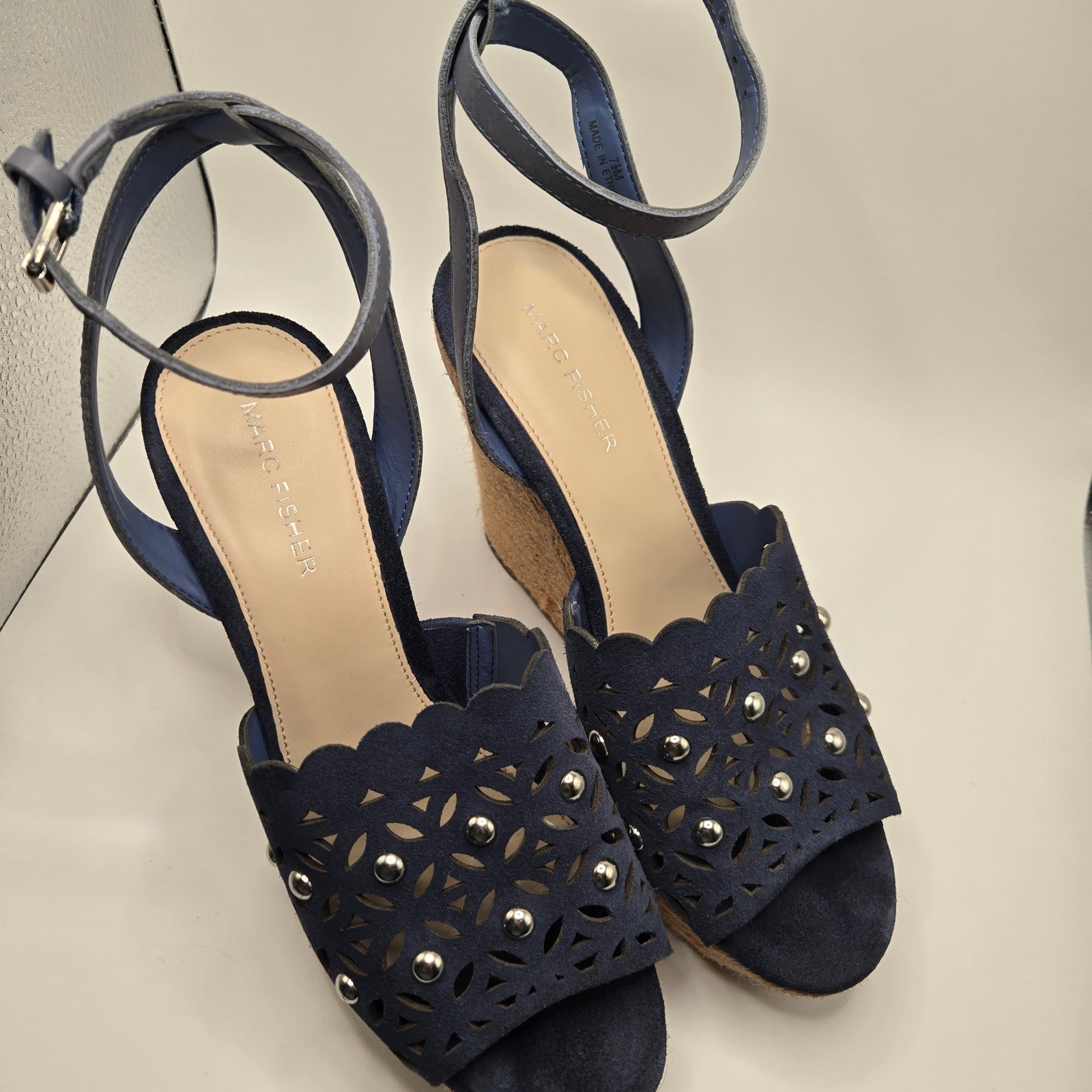 Marc Fisher Wedge Sandals Womens 7.5 Navy Blue Laser Cut Studded (S10