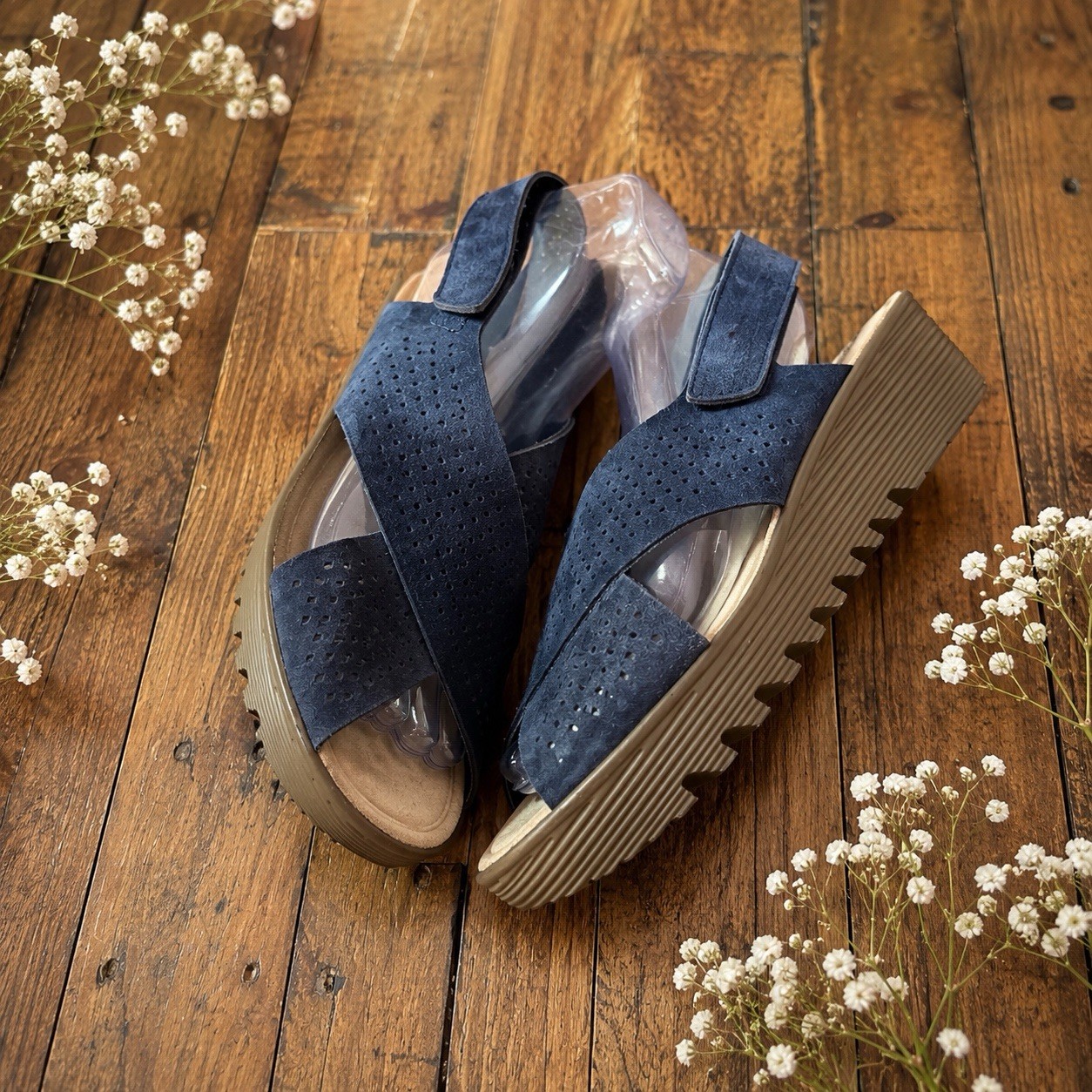 Skechers Petite Parallel Plot Comfy Peep Toe Sling Back Wedge Sandal Navy 8/8.5