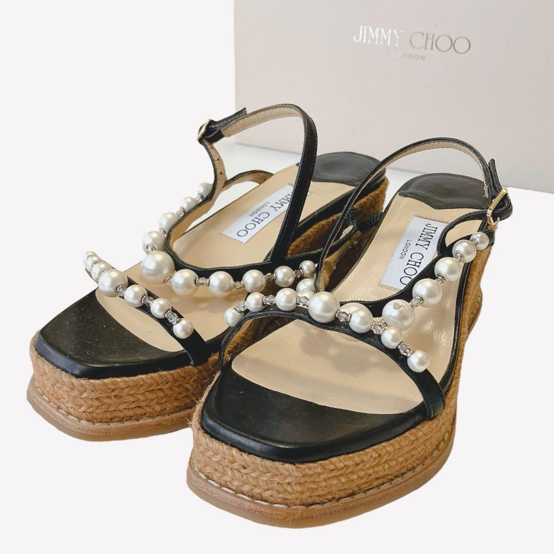 Jimmy Choo AMATUUS Pearl Nappa Leather Espadrille Wedge Sandal Black EU35 Women