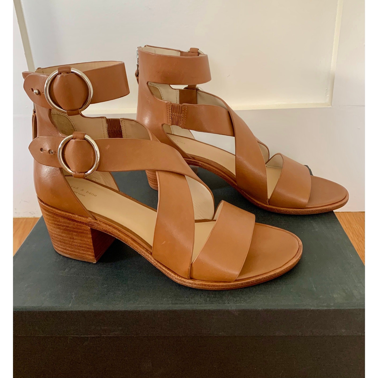 Rag & Bone Mari Tan Size 11 Leather Back Zip Block Heel Side Rings Open Toe