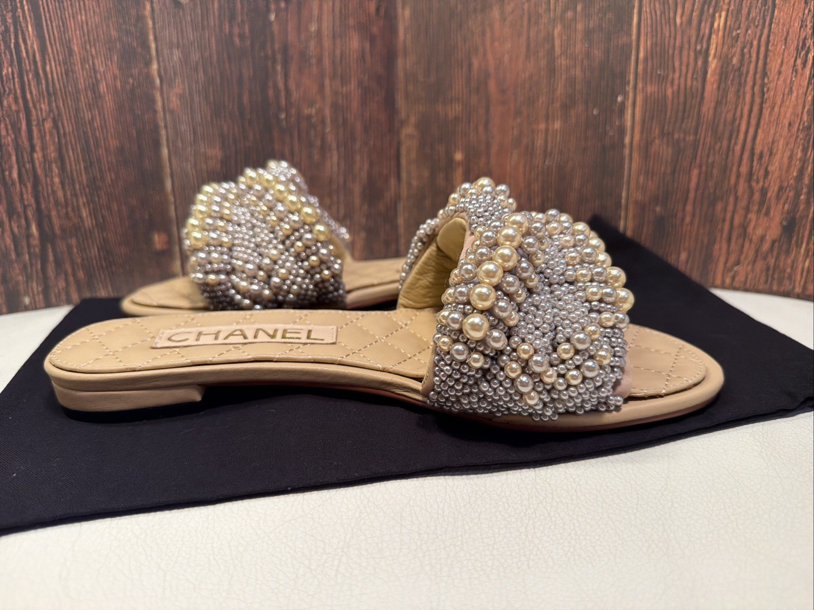 CHANEL Cuba Silver Gold Beige rope pearl twist slipper sandals EU37