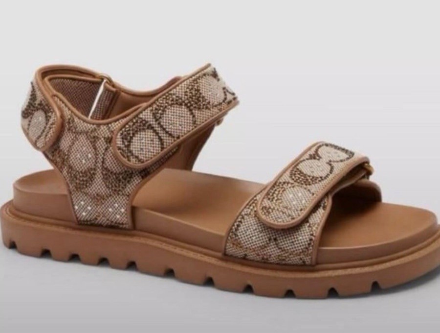 Coach Women’s Leather Strappy Sandals Beige/Brown Logo, Hook & Loop Ankle Strap