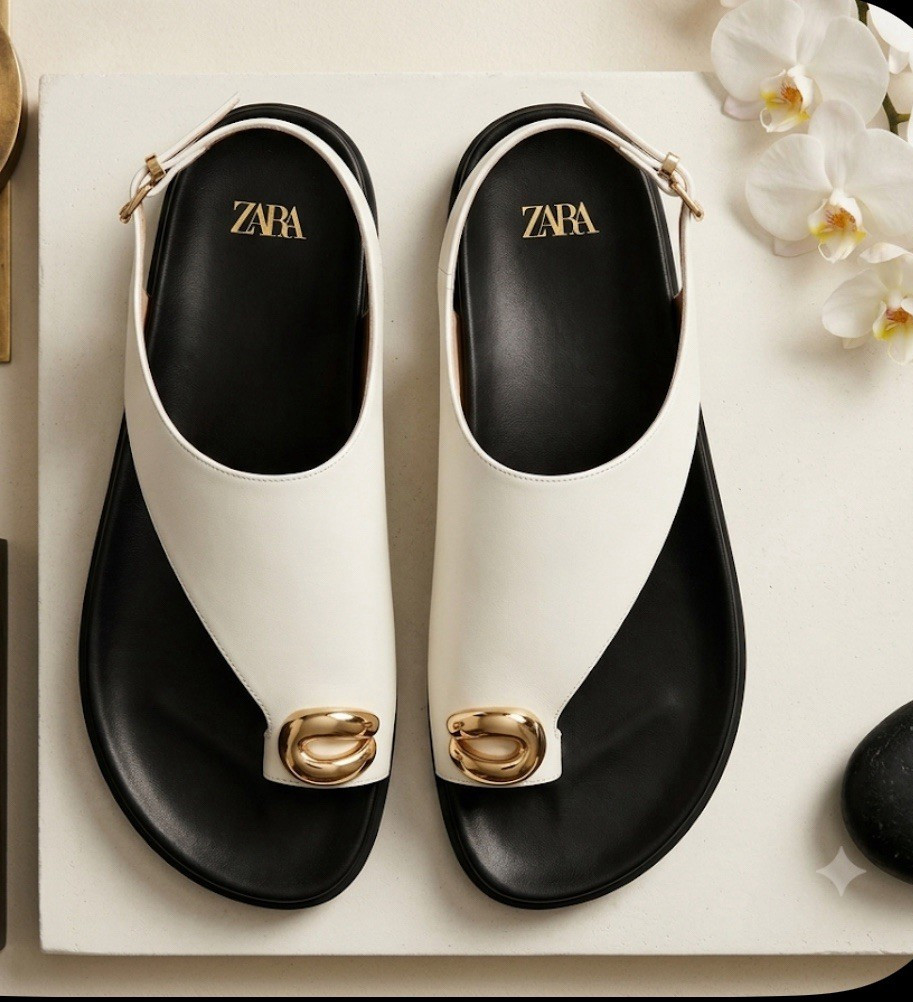 ZARA Women’s White/Black Open-Toe Flat Sandals w/ Buckle Ankle Strap Logo