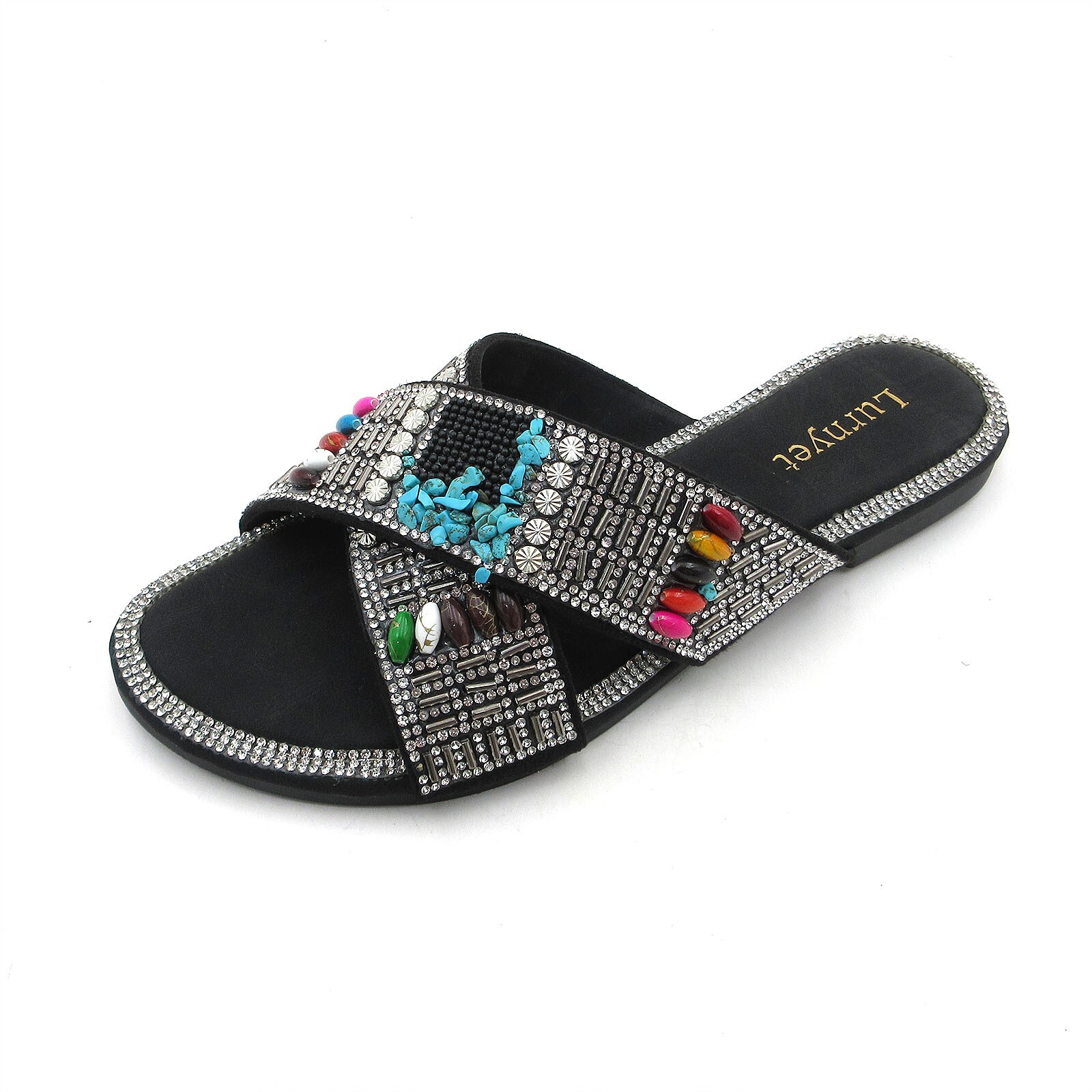 Women’s Bohemian Sandals Crystal Rhinestone Embellished Multi-Color Beaded Stone