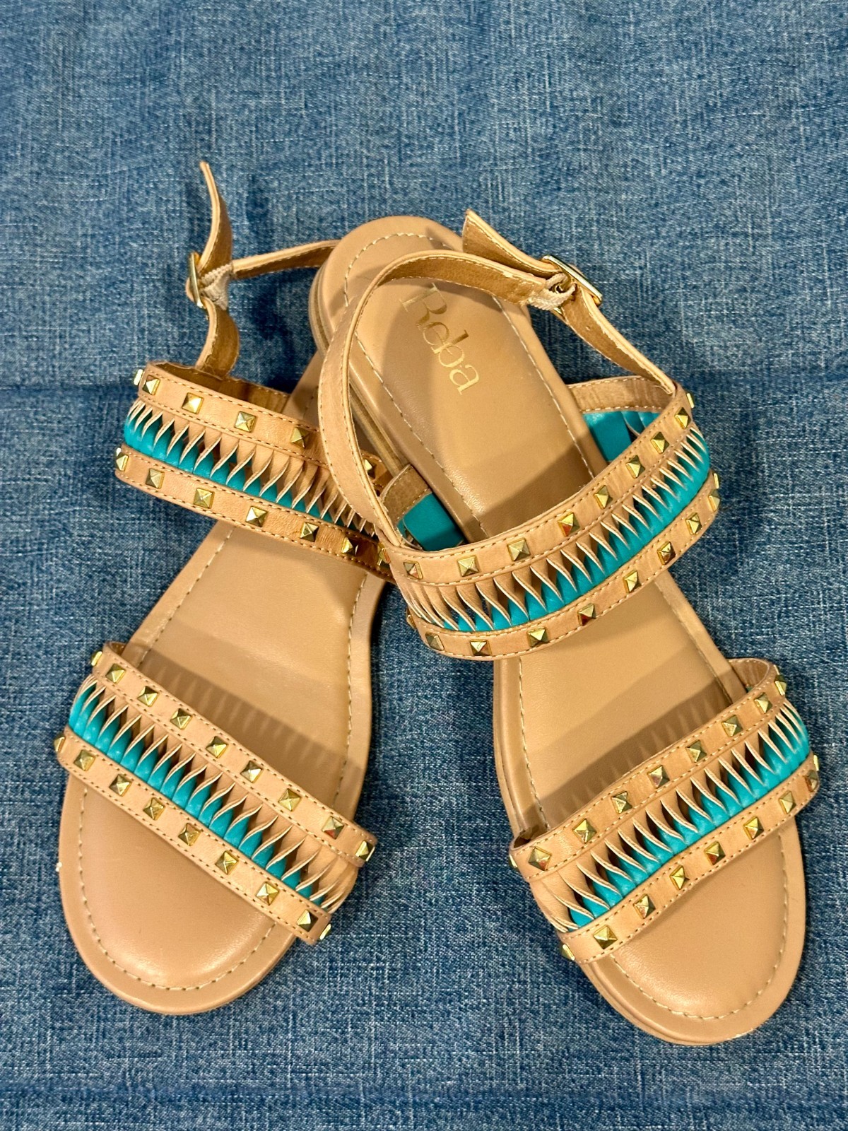 REBA Alana Sandals Tan/Aqua Twisted Leather Women’s 9.5 Ankle Strap Great Shape!