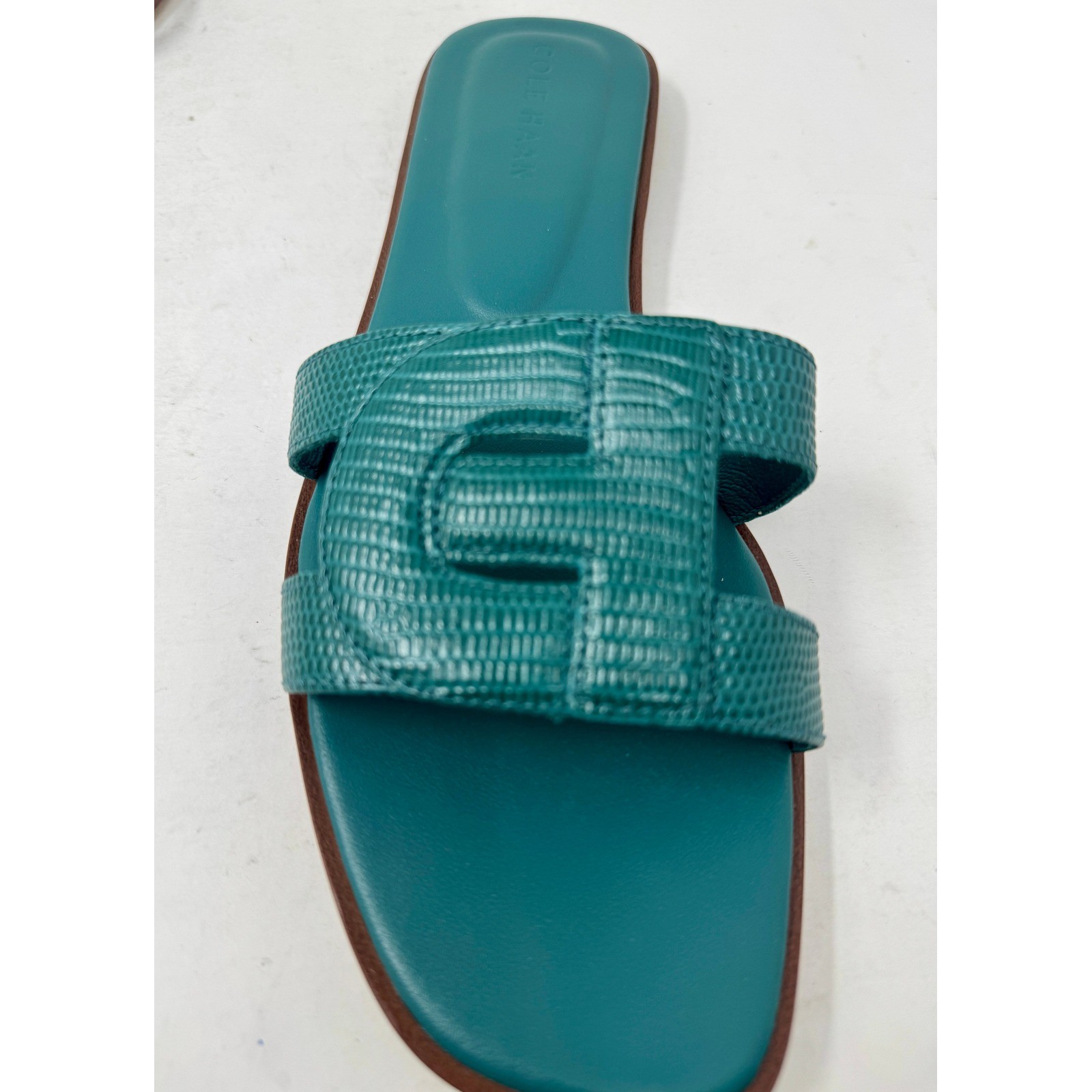 Cole Haan Chrisee Teal Green Lizard Print Leather Slide Sandals W30796 8.5B