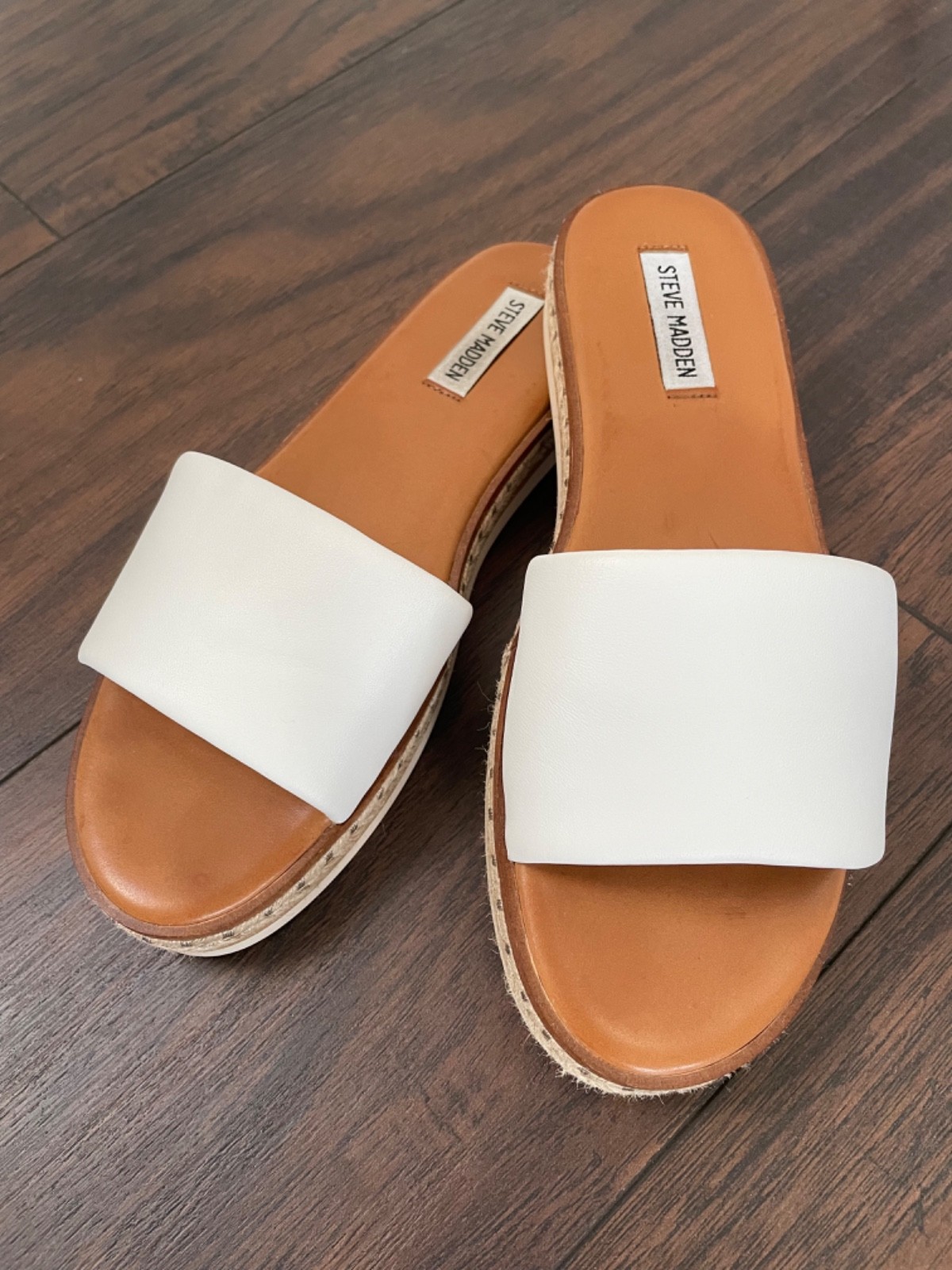 Steve Madden Size 9 White and Brown Slides w Braided Rope Accent