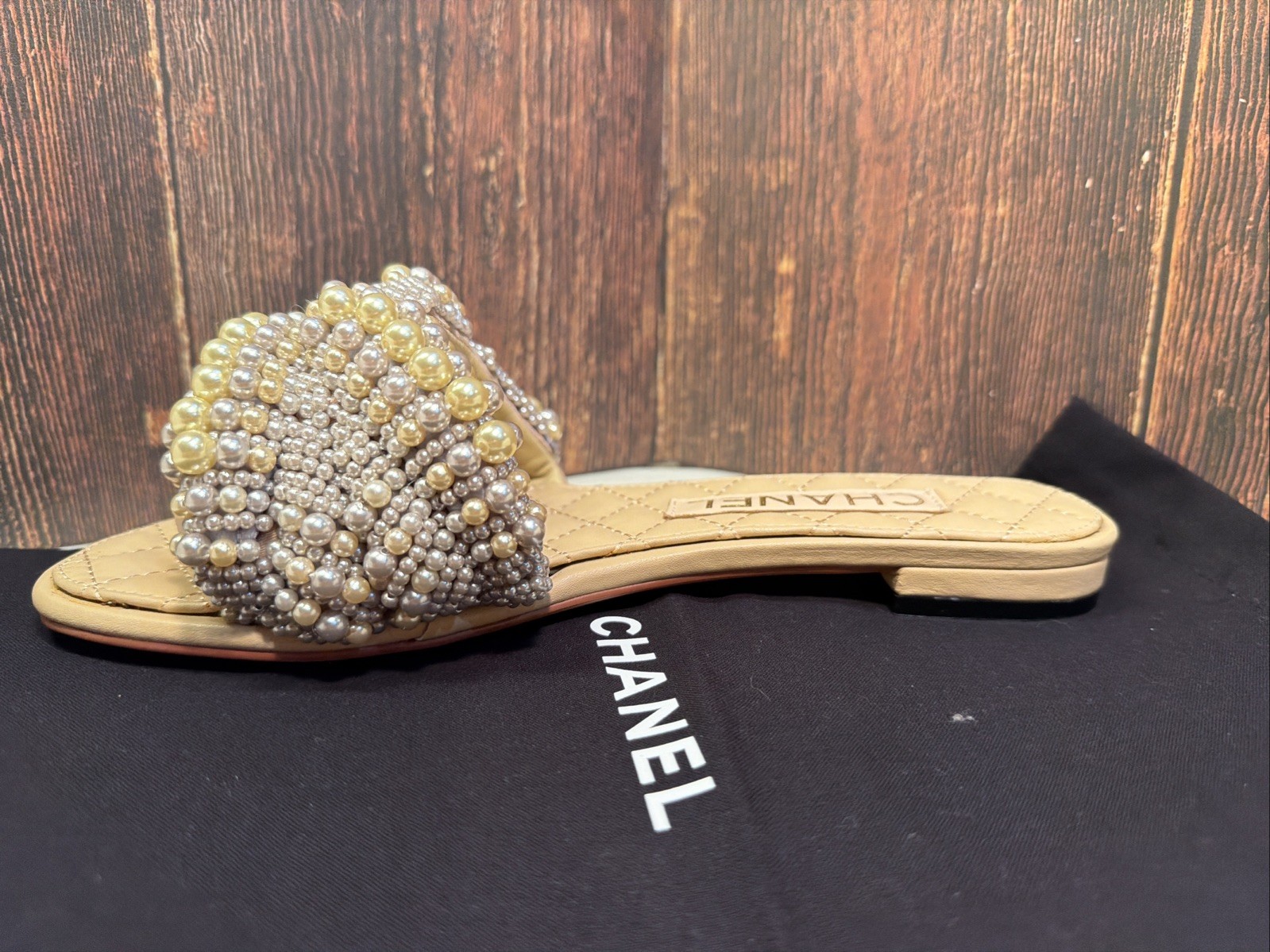 CHANEL Cuba Silver Gold Beige rope pearl twist slipper sandals EU37