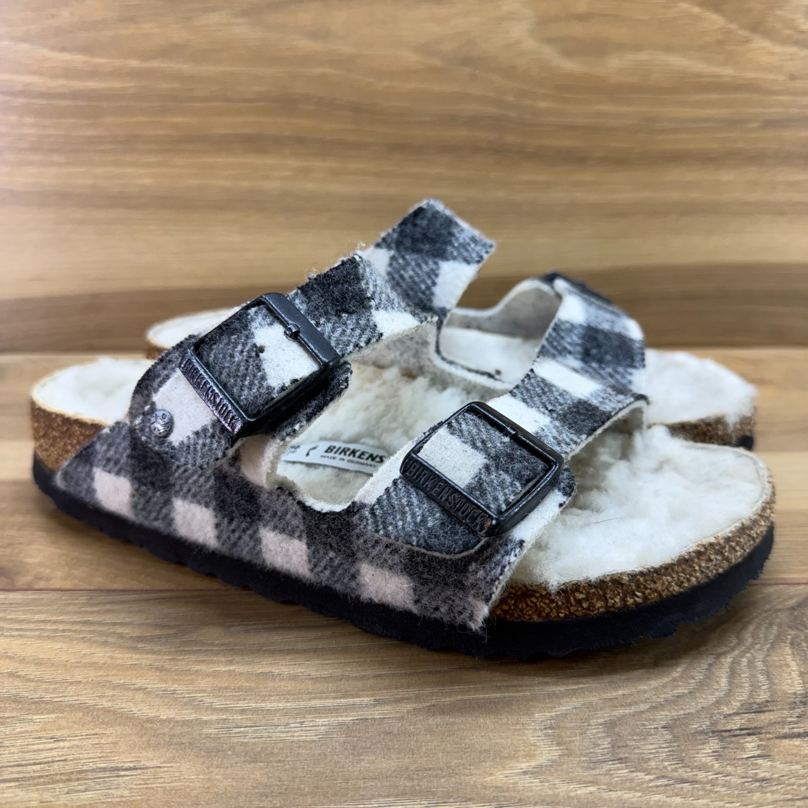 Birkenstock Arizona Wool Plaid Sandals 5 N EU 36 Shearling Fur Comfort Slides