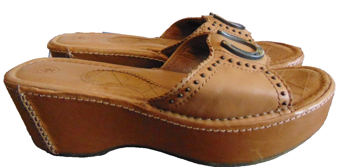 Ariat Womens Tan Leather Horseshoe Stud Wedge Slide Sandals Western Cowgirl~ 8.5