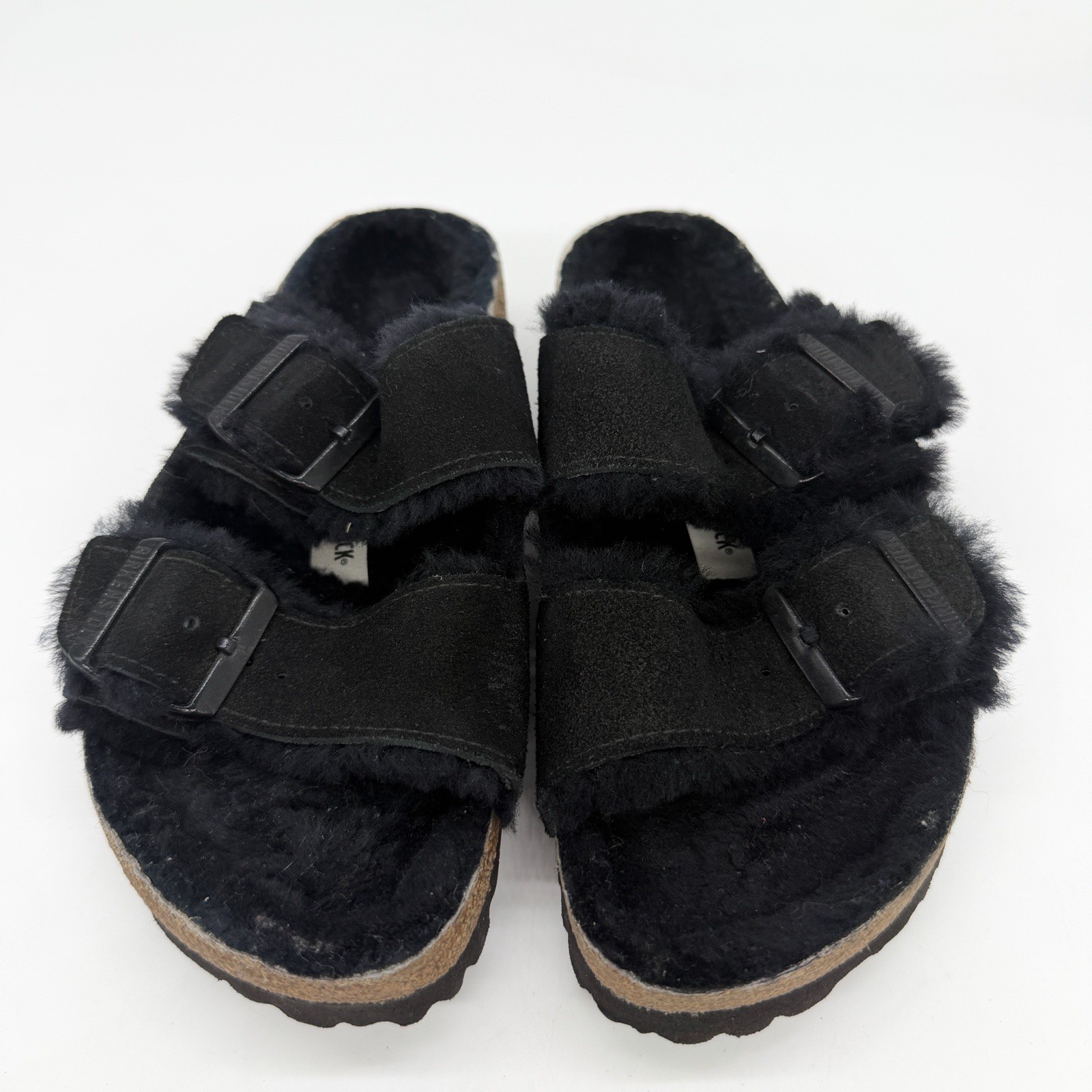 Birkenstock Arizona Shearling Lined Womens 7 Mens 5 Black Suede Leather Sandals