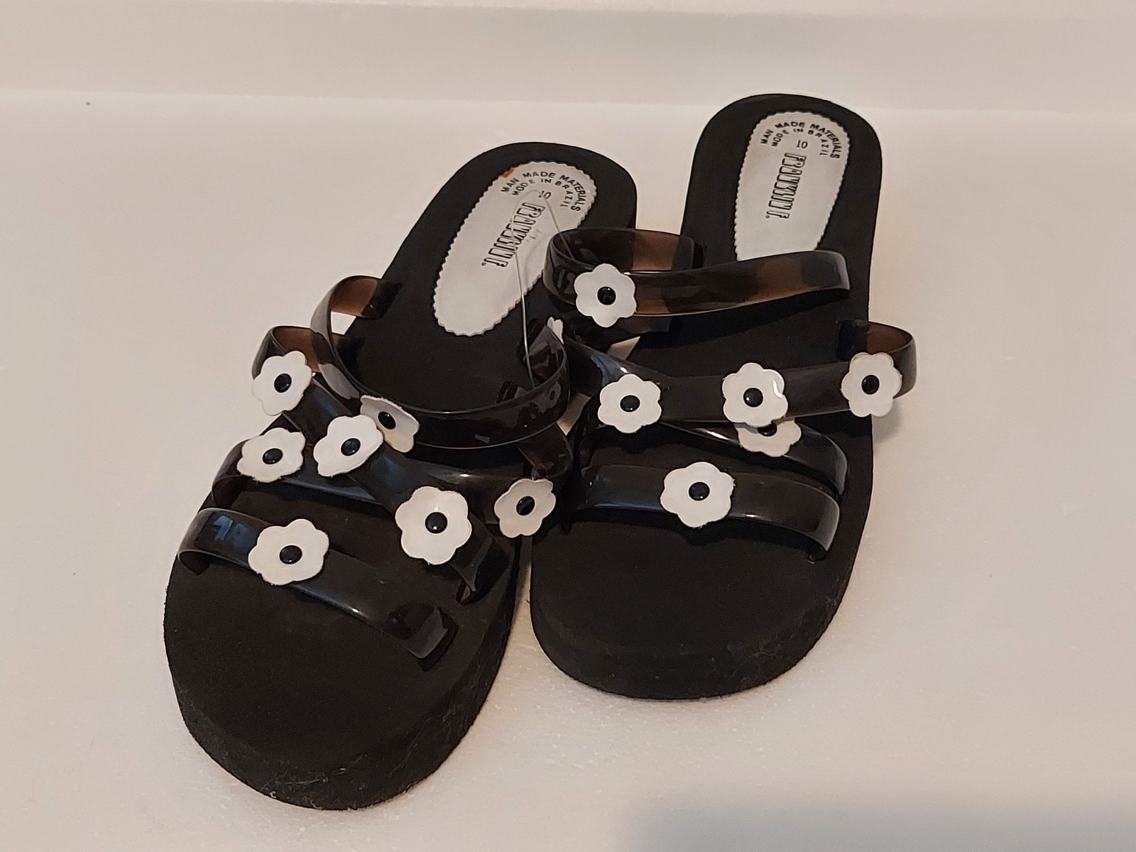 Black 2-inch Platform Sandals with Black & White Flowers Design Size US 9