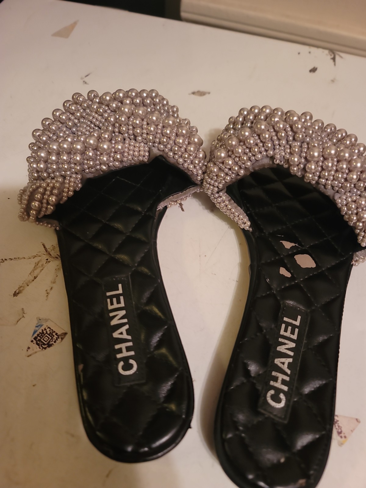 CHANEL Cuba Silver Gold Beige rope pearl twist slipper sandals EU39, US 8.5