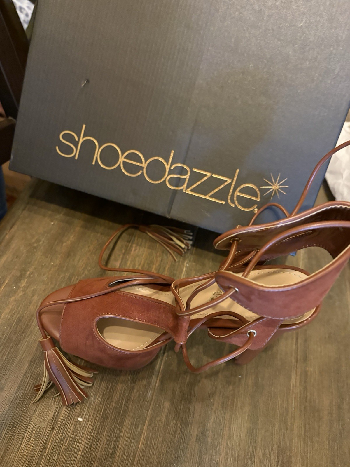 Shoedazzle Adeline Women’s Size 9 Brown Platform Lace-Up Tassel Heeled Sandals N