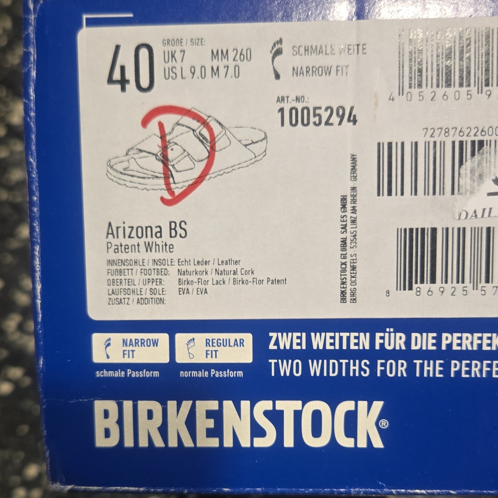 Birkenstock Arizona BS White Patent Slide Sandals Birko-Flor EU 40 US 9 Narrow