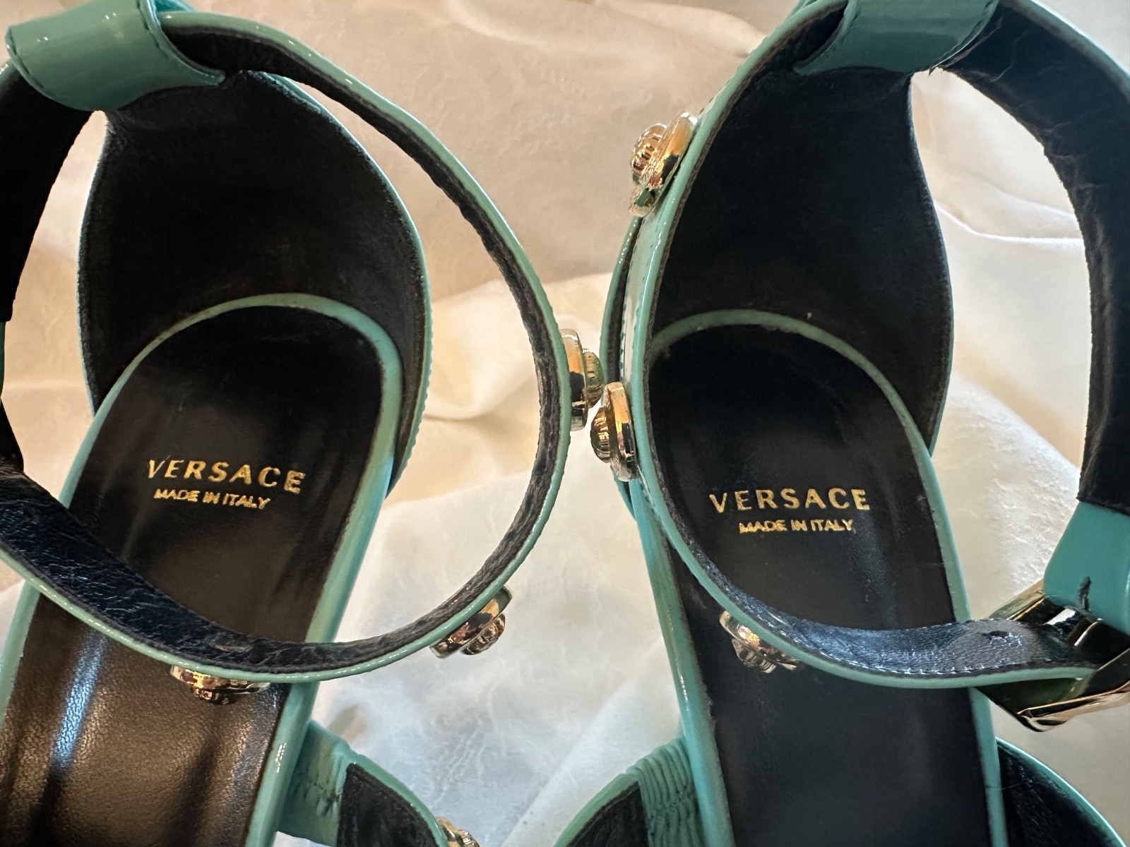 Versace teal blue green medusa leather strappy stilletto sandals W 38 1/2