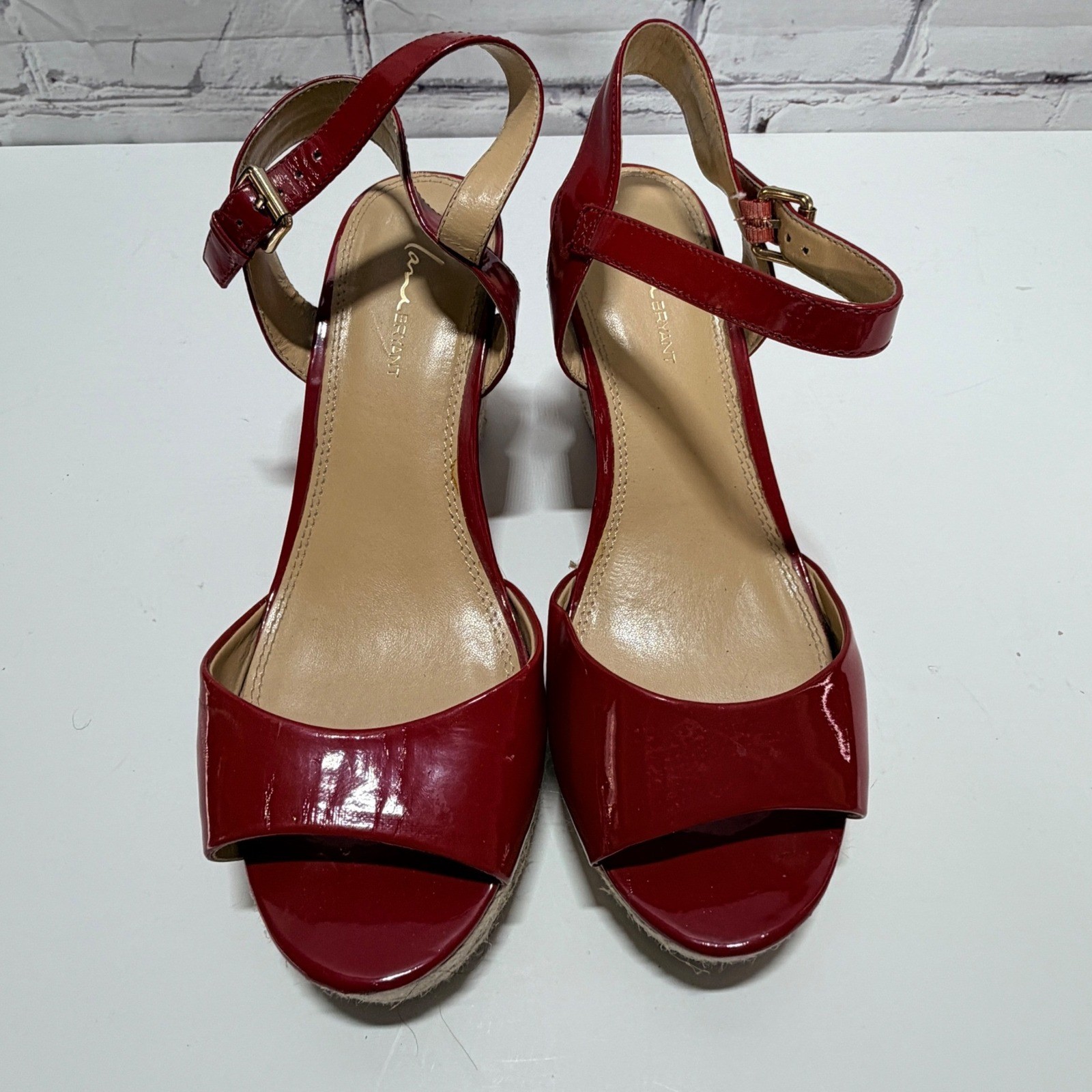Lane Bryant Red Faux Patent Espadrille Wedge Sandals 9W Ankle Strap Peep Toe