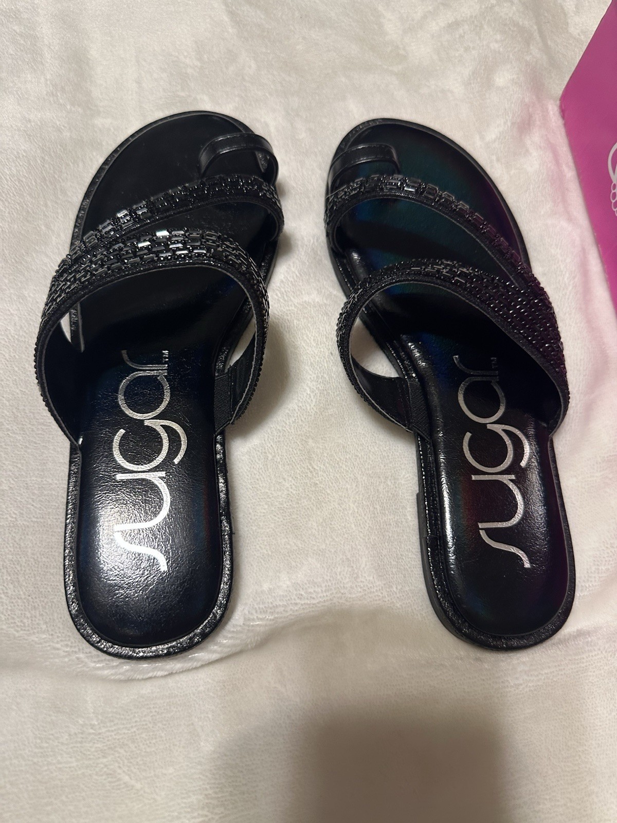 Sugar Rhinestone Strappy Flat Sandals Black Fabric Man Made Women’s 6.5M