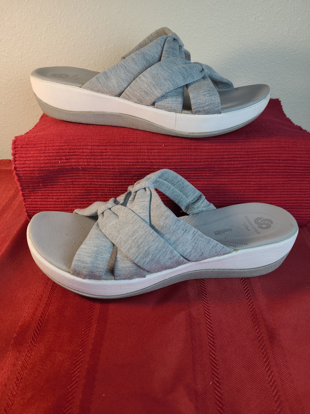 Clarks Cloudsteppers BreezeRae Grey Jersey Bow Slide Sandals Size 10