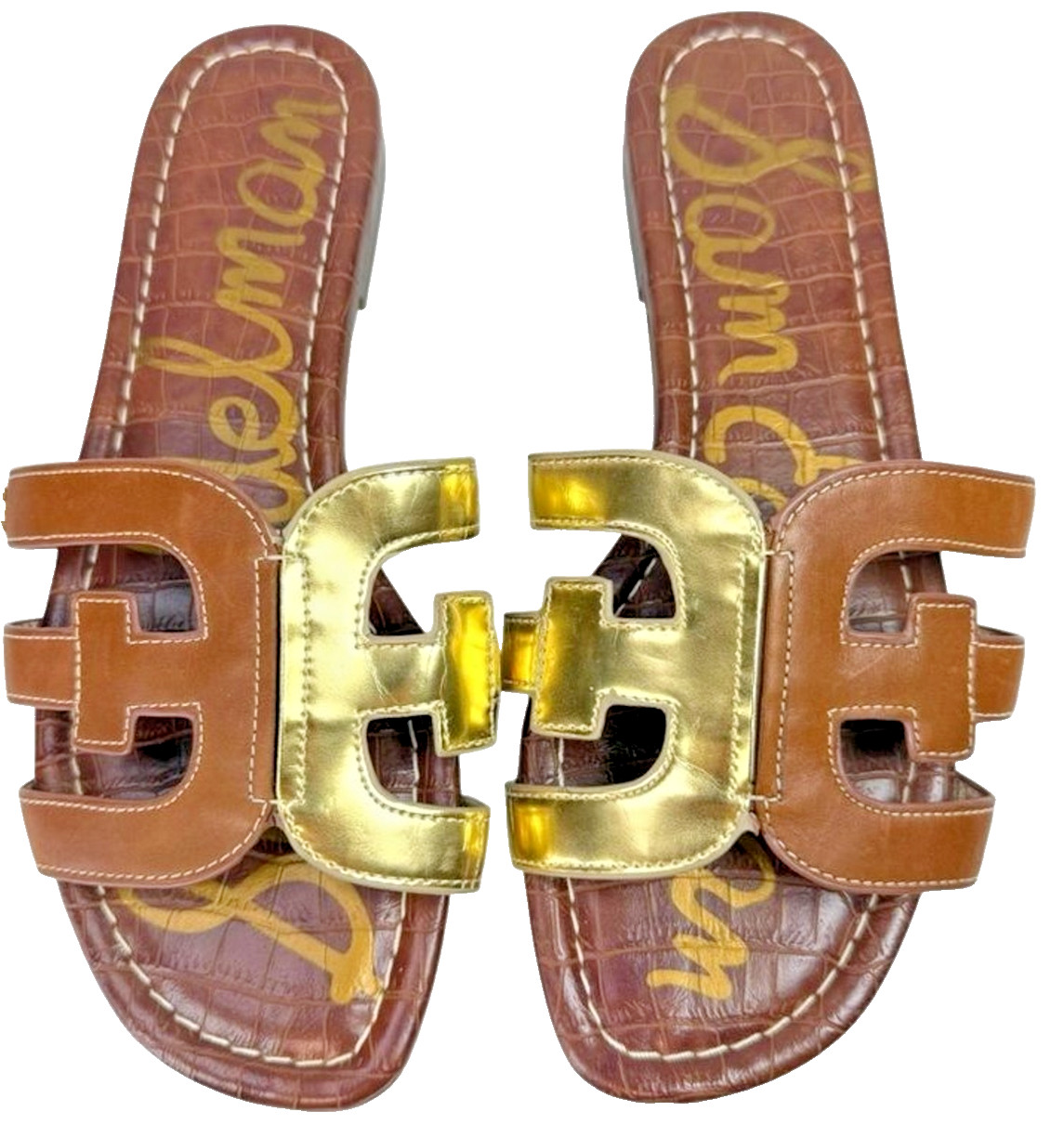 Sam Edelman Bay Leather Slide Sandals Gold Tan Size Womens Size 7 Coastal Resort