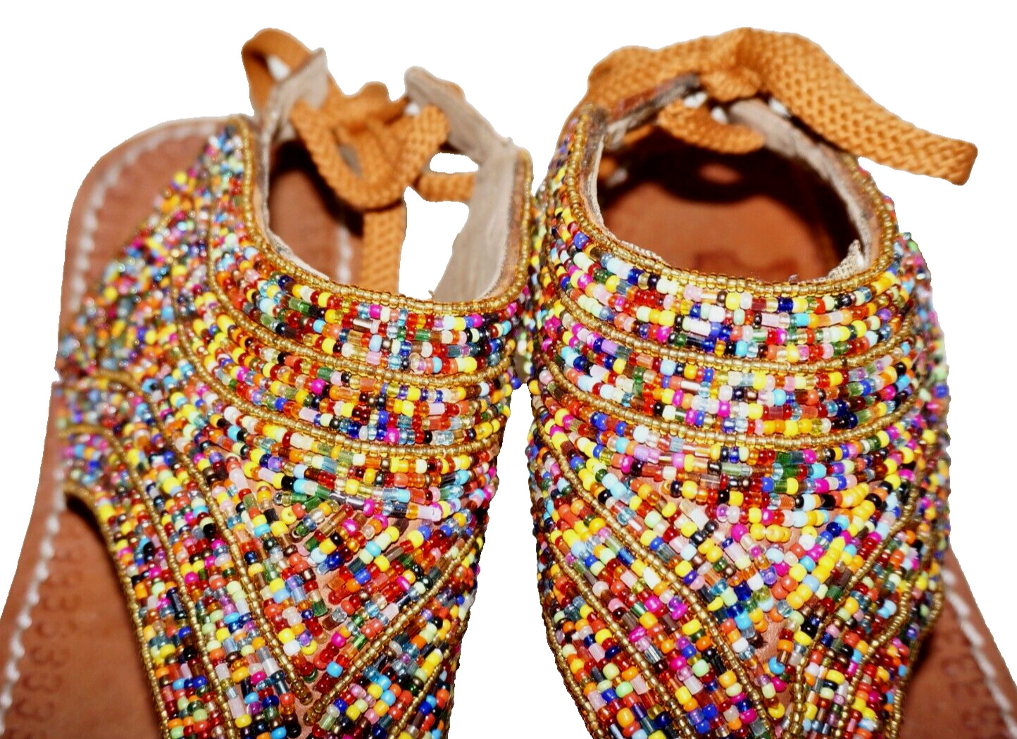 ROSE SANDALS Tan Leather & Multicolored Beaded Sandals EUR 42