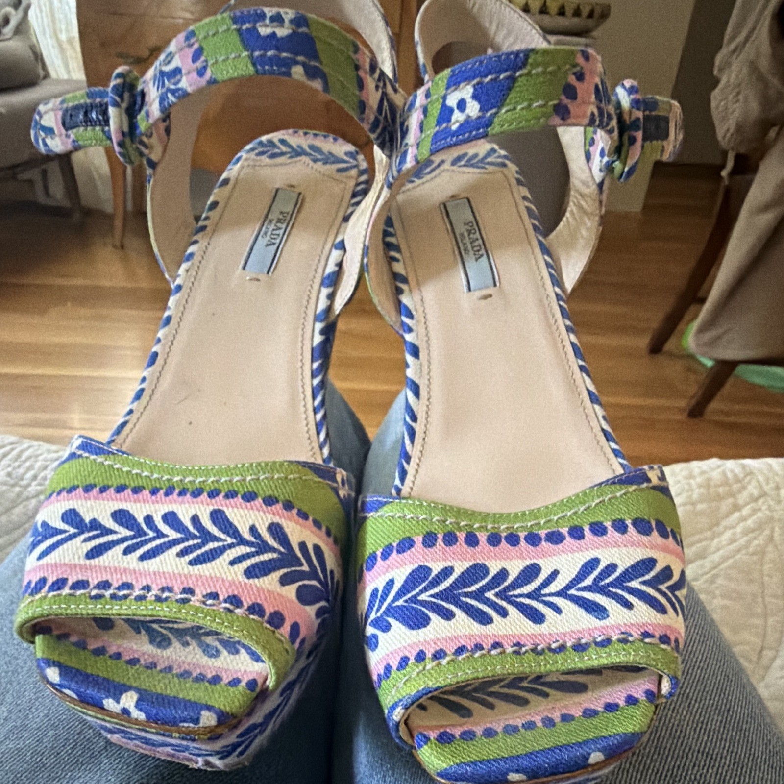 Authentic Prada Women’s Multicolor Floral Leather Sandals Ankle Strap US 10