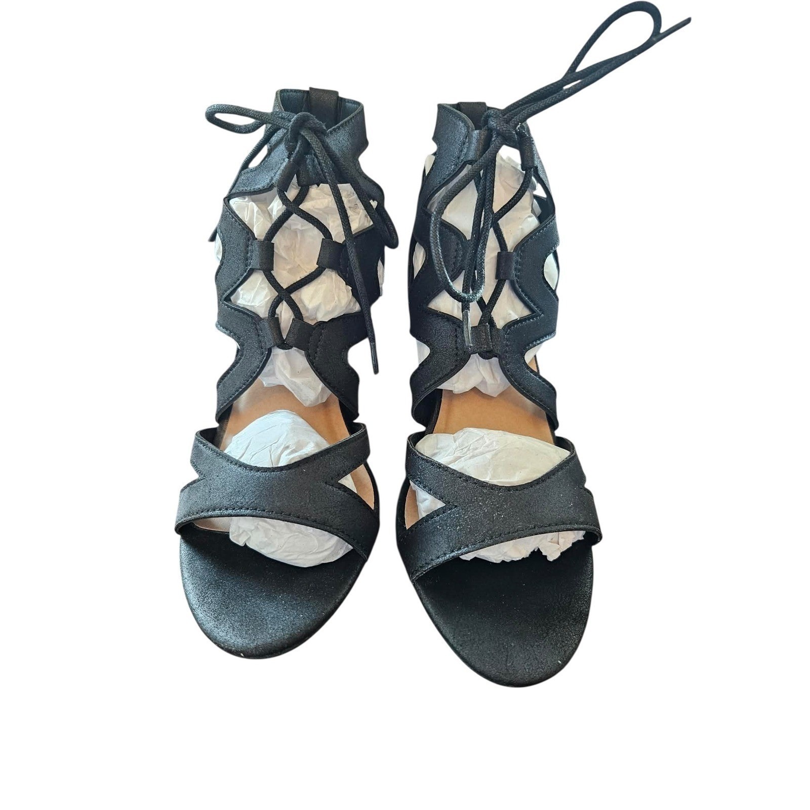 Qupid COLY-02 Black Distressed Lace Up Gladiator Block Heel Sandals Womens 7