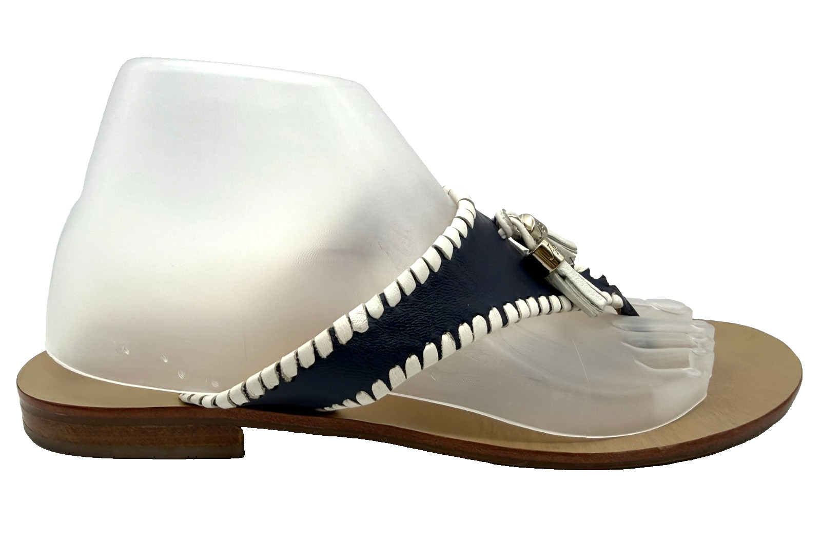 Jack Rogers Alana Tassel Navy White Thong Leather Sandals Size 10M Preppy Beach