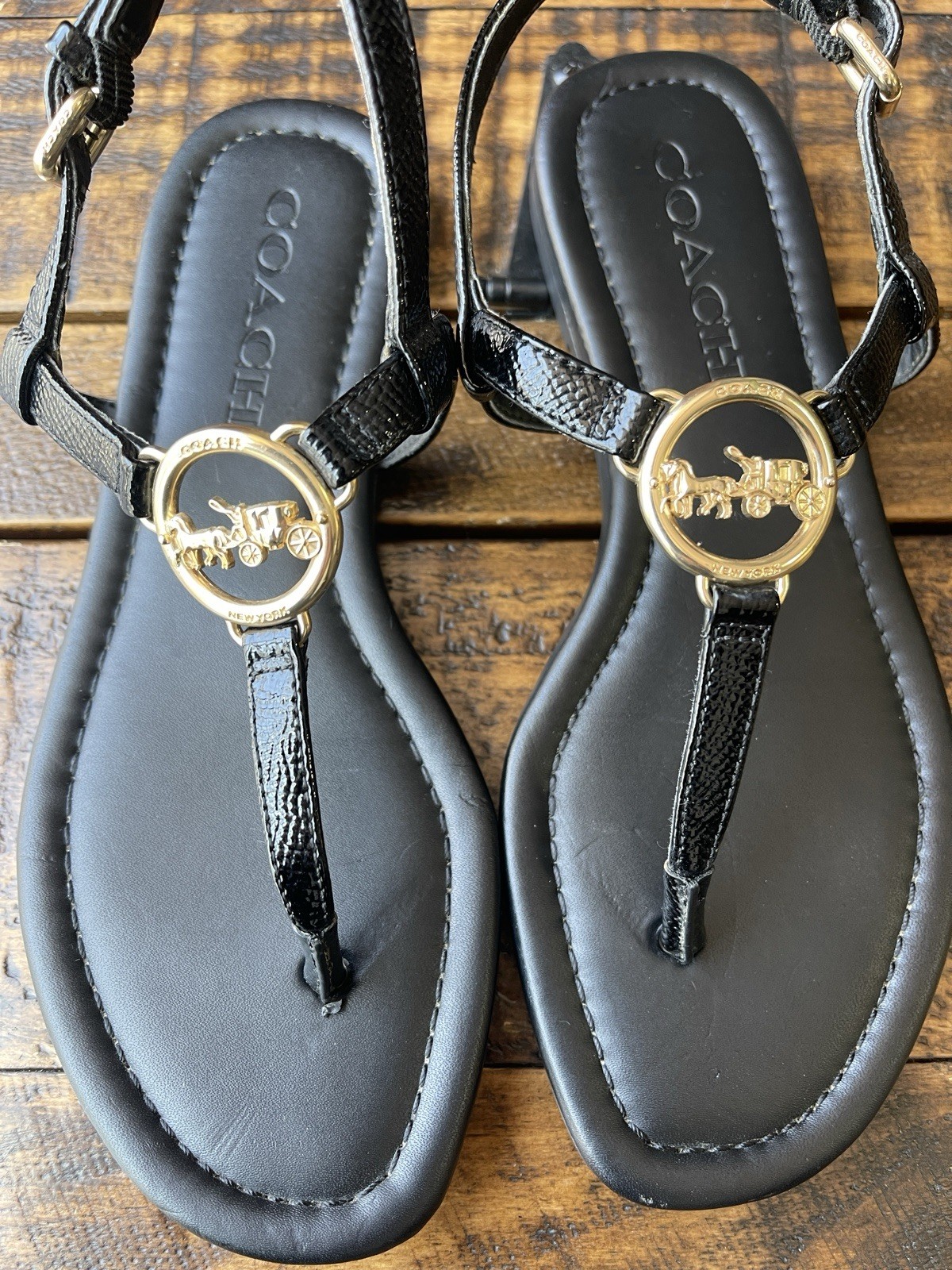 Coach Black Patent Leather Thong Sandals Ankle Strap Logo Buckle US 5