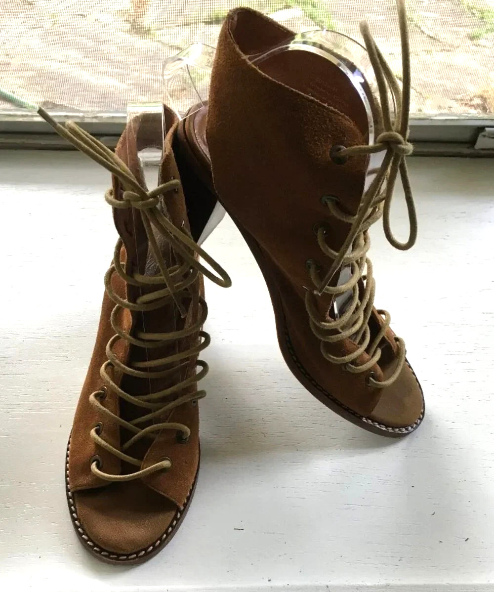 Free People x Jeffrey Campbell Minimal Lace Up Suede Sandals Heels Tan Size 10