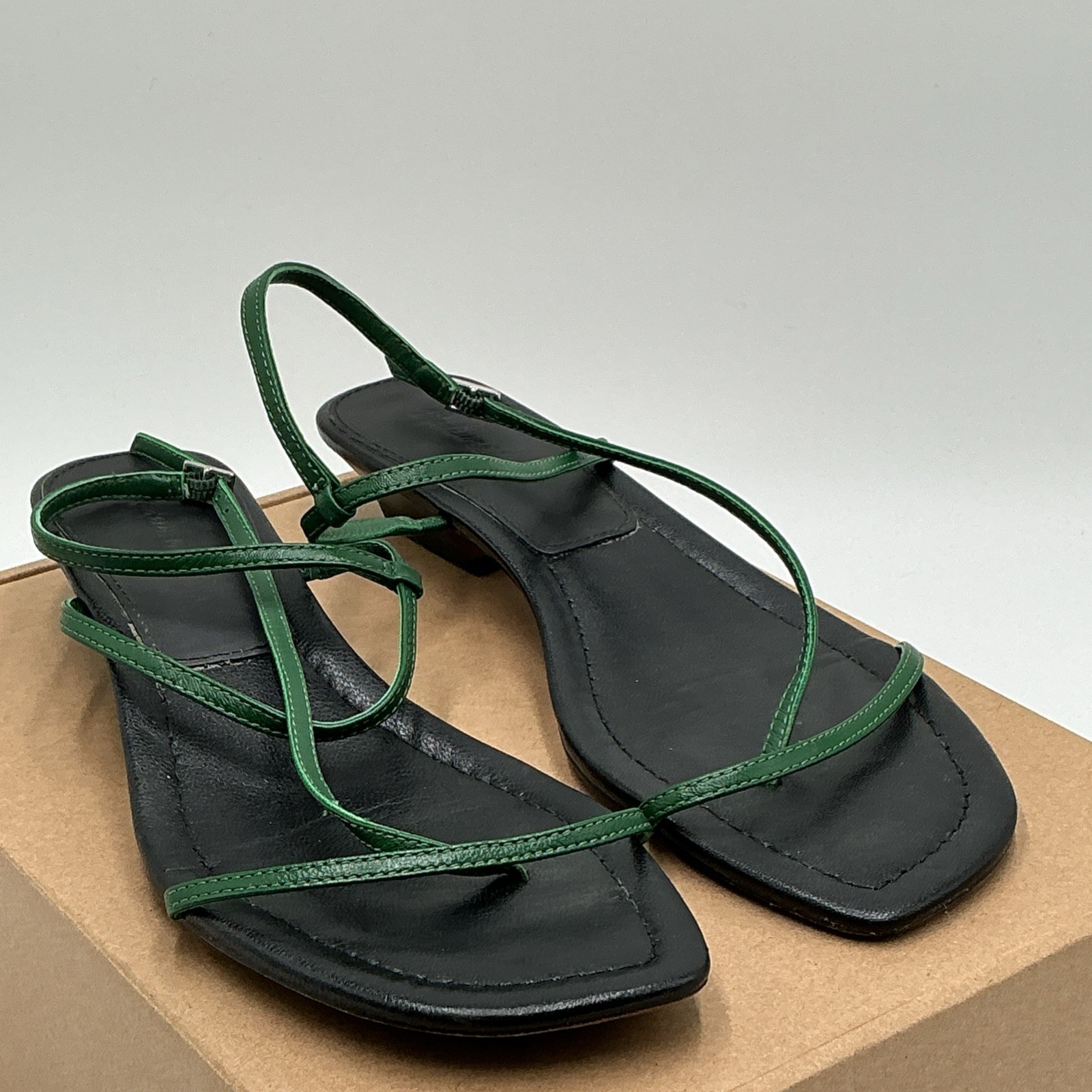 Madewell The Maycie Sandals Womens 9.5 Green Leather Asymmetric T-Strap Ebay4091