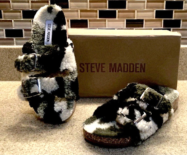 Steve Madden Closer Sherpa Slippers Shearling Sandals Camo Slides Size 7 NIB
