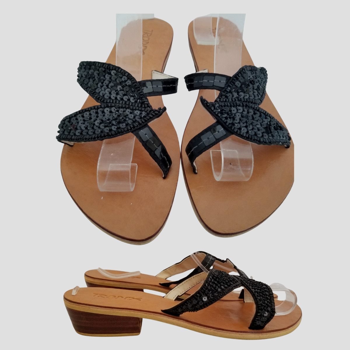 Tropix Sandals Womens 6 Black Bead & Sequin Embellished Slides 1.25″ Heel New