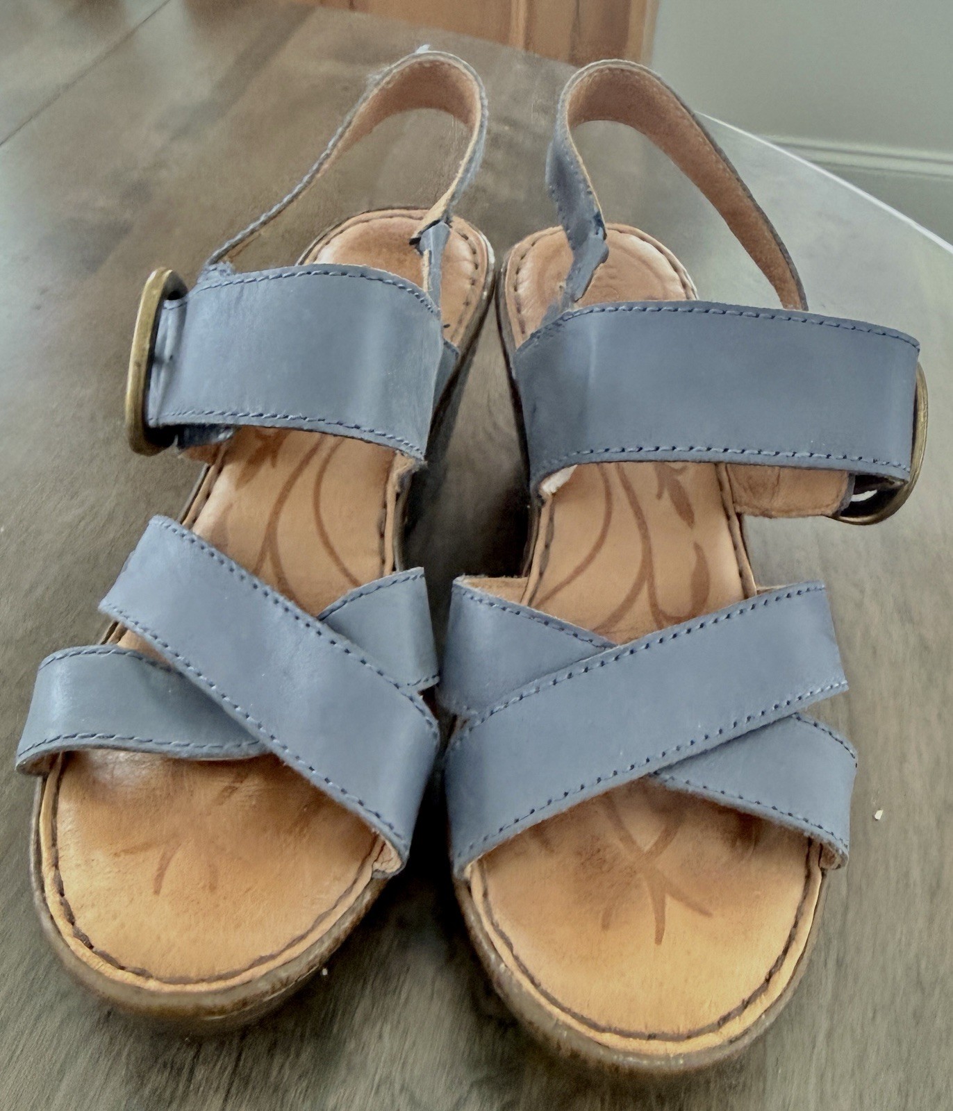 Børn Blue Leather Buckle Wedge Strappy Sandals Women’s Casual Summer Spring