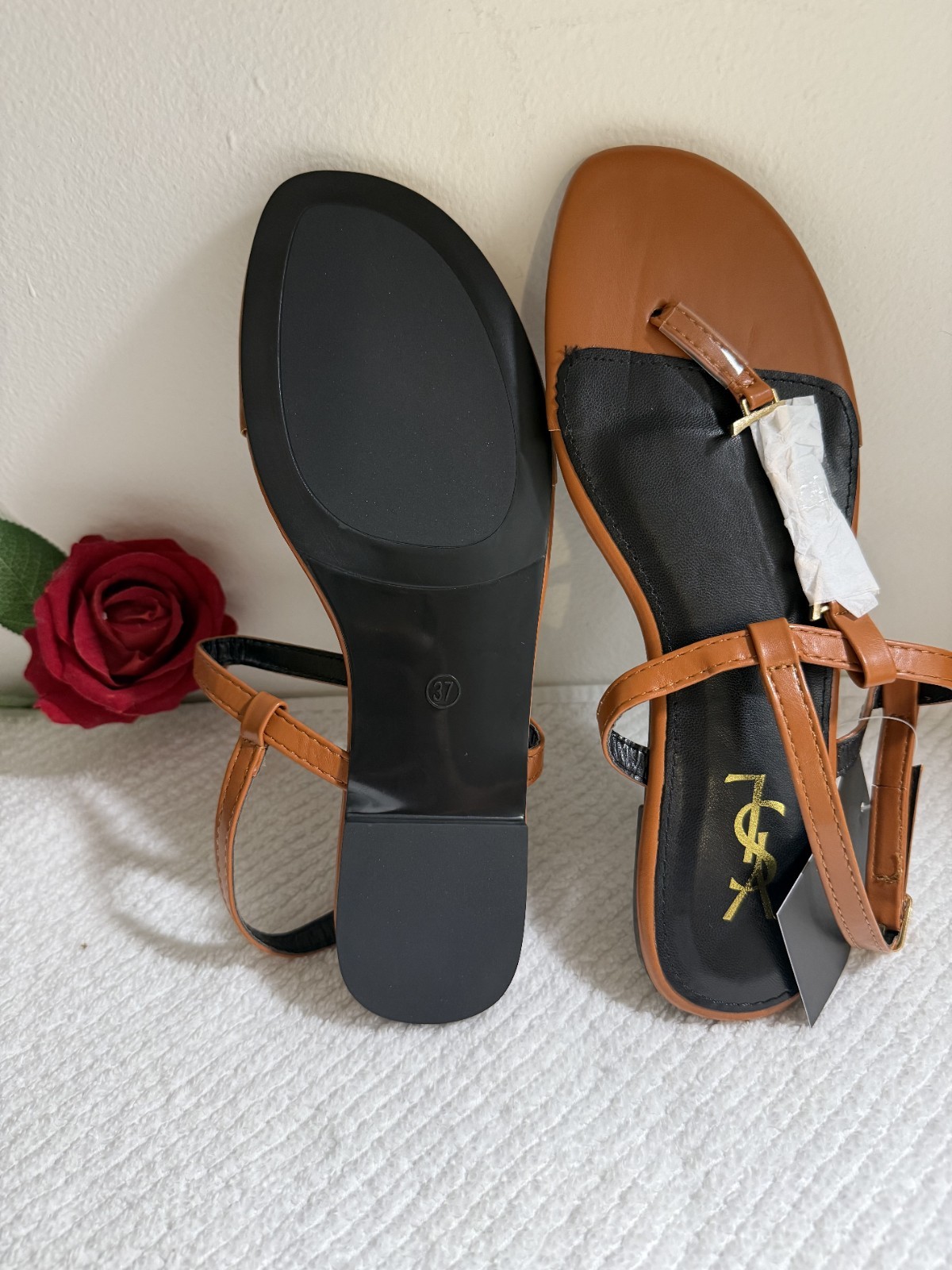 Saint Laurent Women’s Black/Brown Strappy Sandals Buckle Ankle Strap Logo