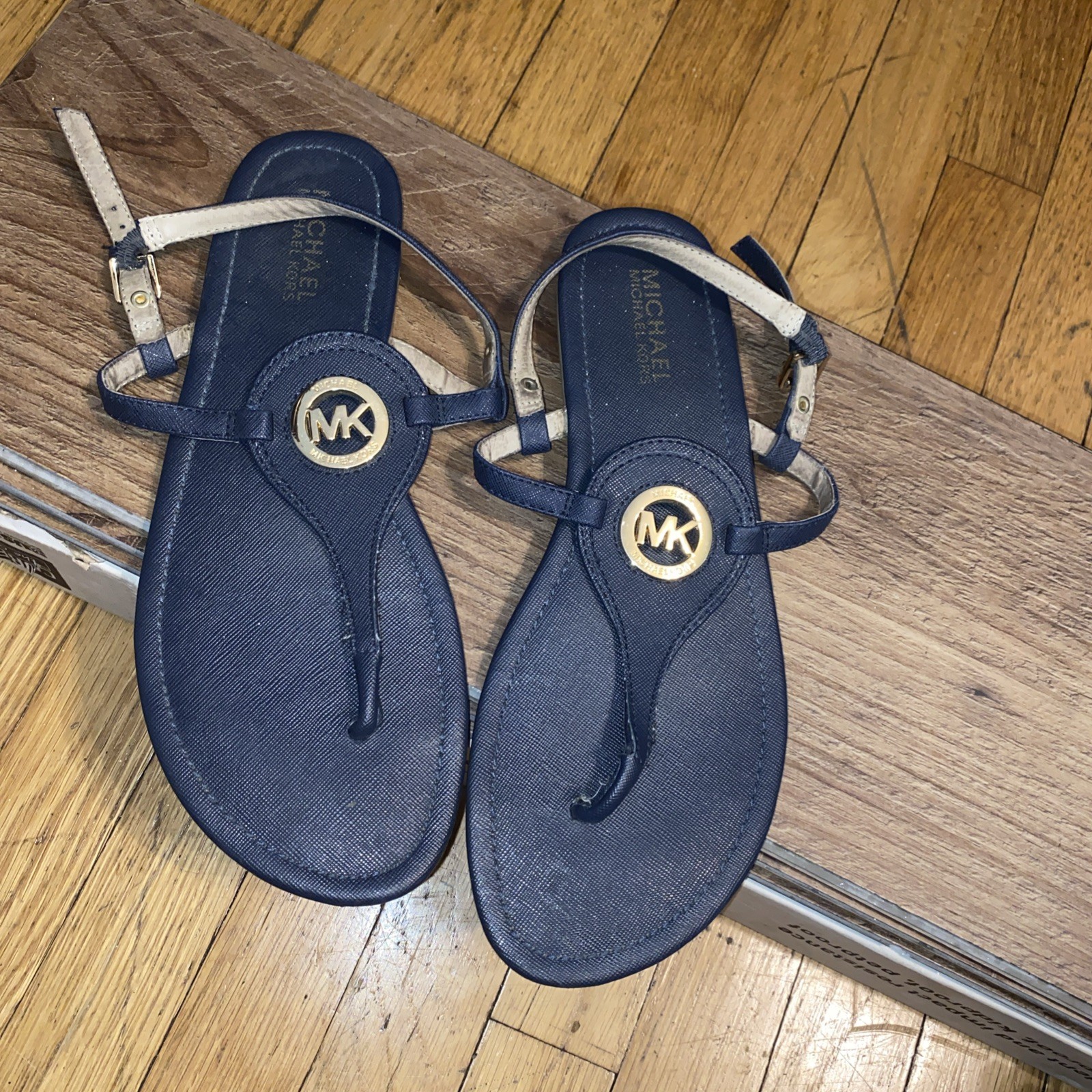 Michael Kors Blue Thong Sandals Gold Logo Size Unknown