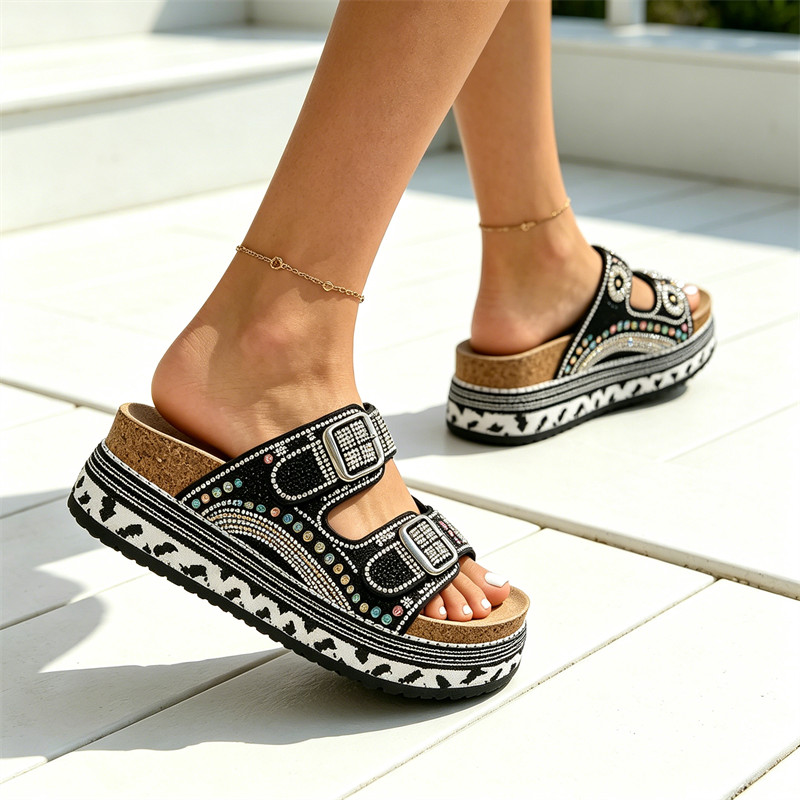 Women Hand-Beaded Luxury Bling Sandals Comfy Cork Sole Summer Beach Slides