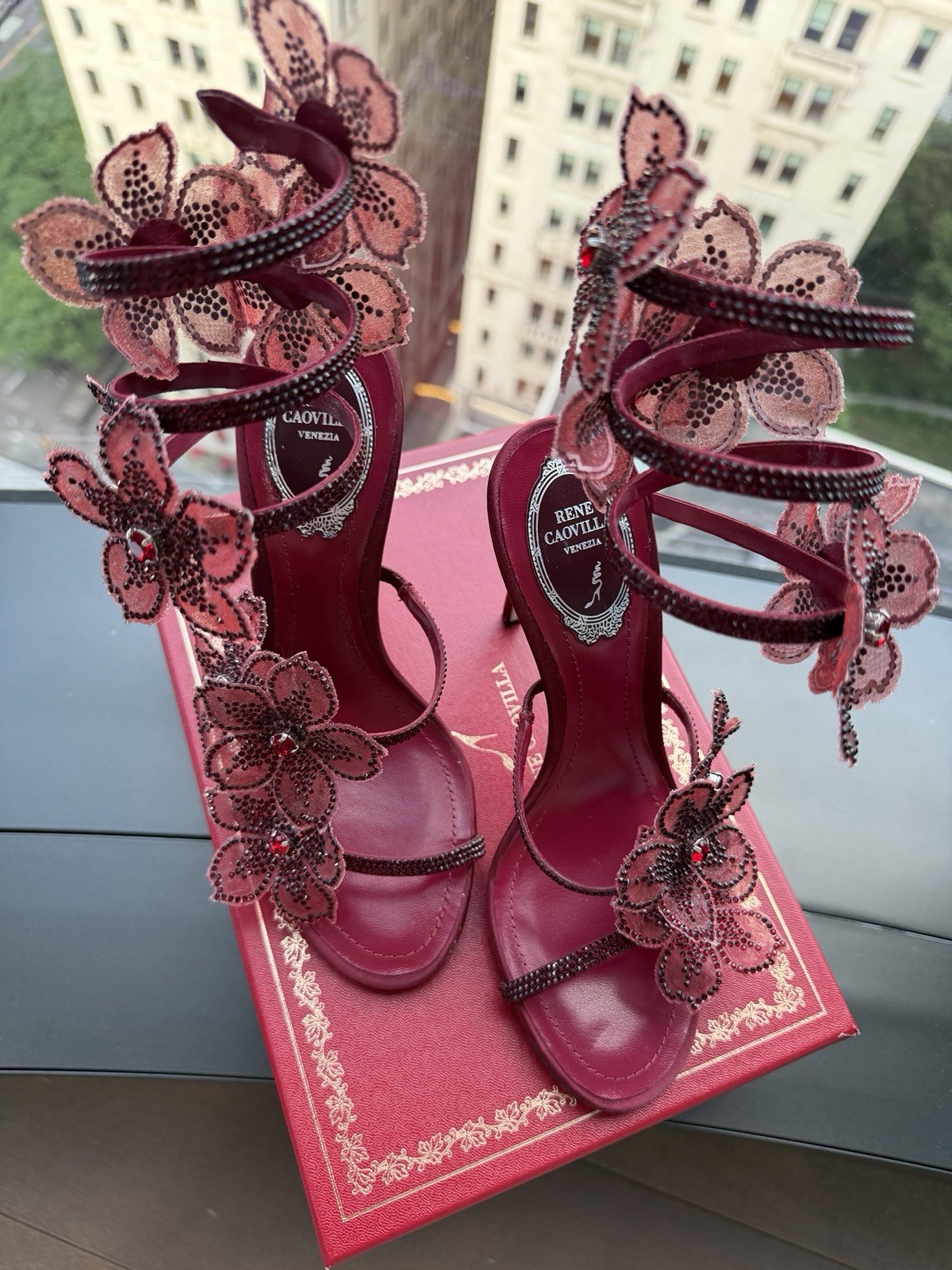 Rene Caovilla PEACH FLOWER BURGUNDY SANDAL 105 NEW IN BOX Size 38