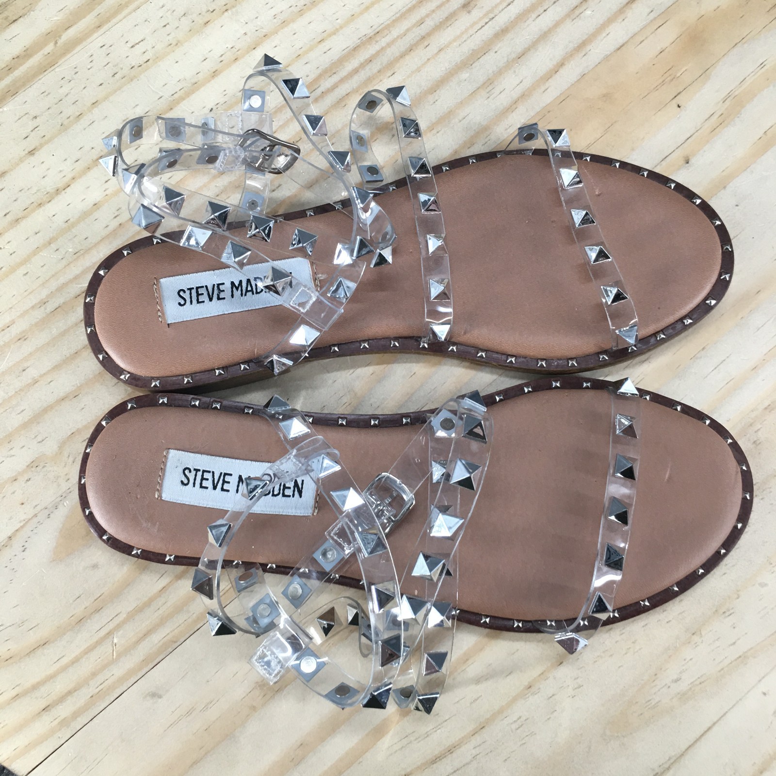 Steve Madden Sandals Womens 5 M Travel Strappy Silver Casual Studded Flats NEW