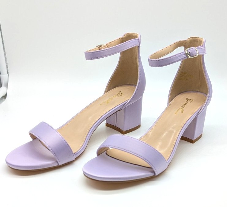 GENSHUO Sandal Heels Purple Satin Size 8 Block Heel Adjustable Ankle Strap Pumps