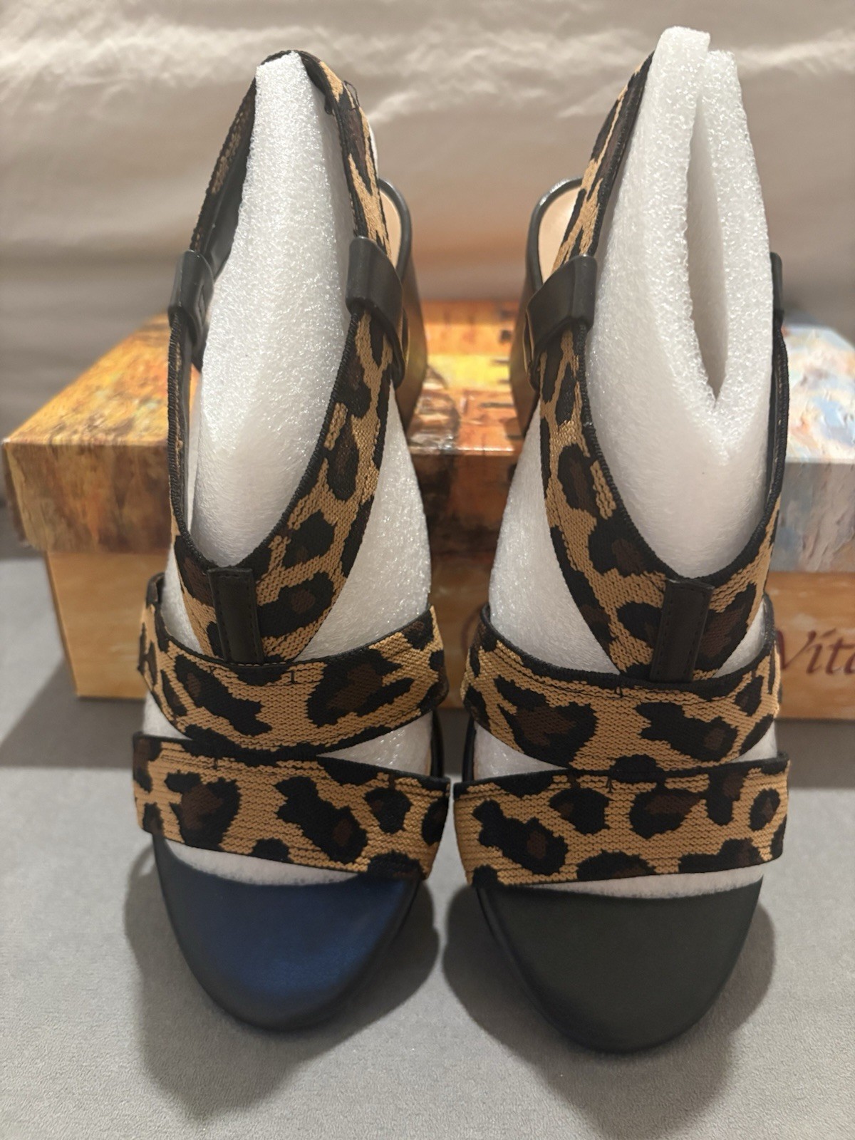 Bella-Vita Women’s Leopard Print Strappy Block Heel Slip-On Sandals US 6.5 W NIB