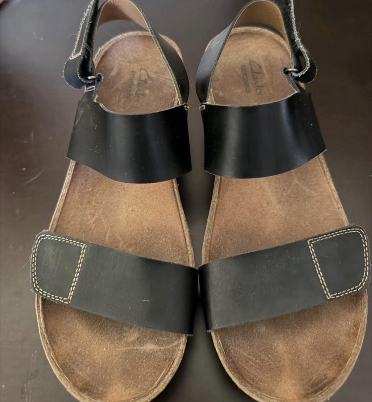 Clarks Black Leather Wedge Sandals Hook & Loop Ankle Strap Rubber Sole 8