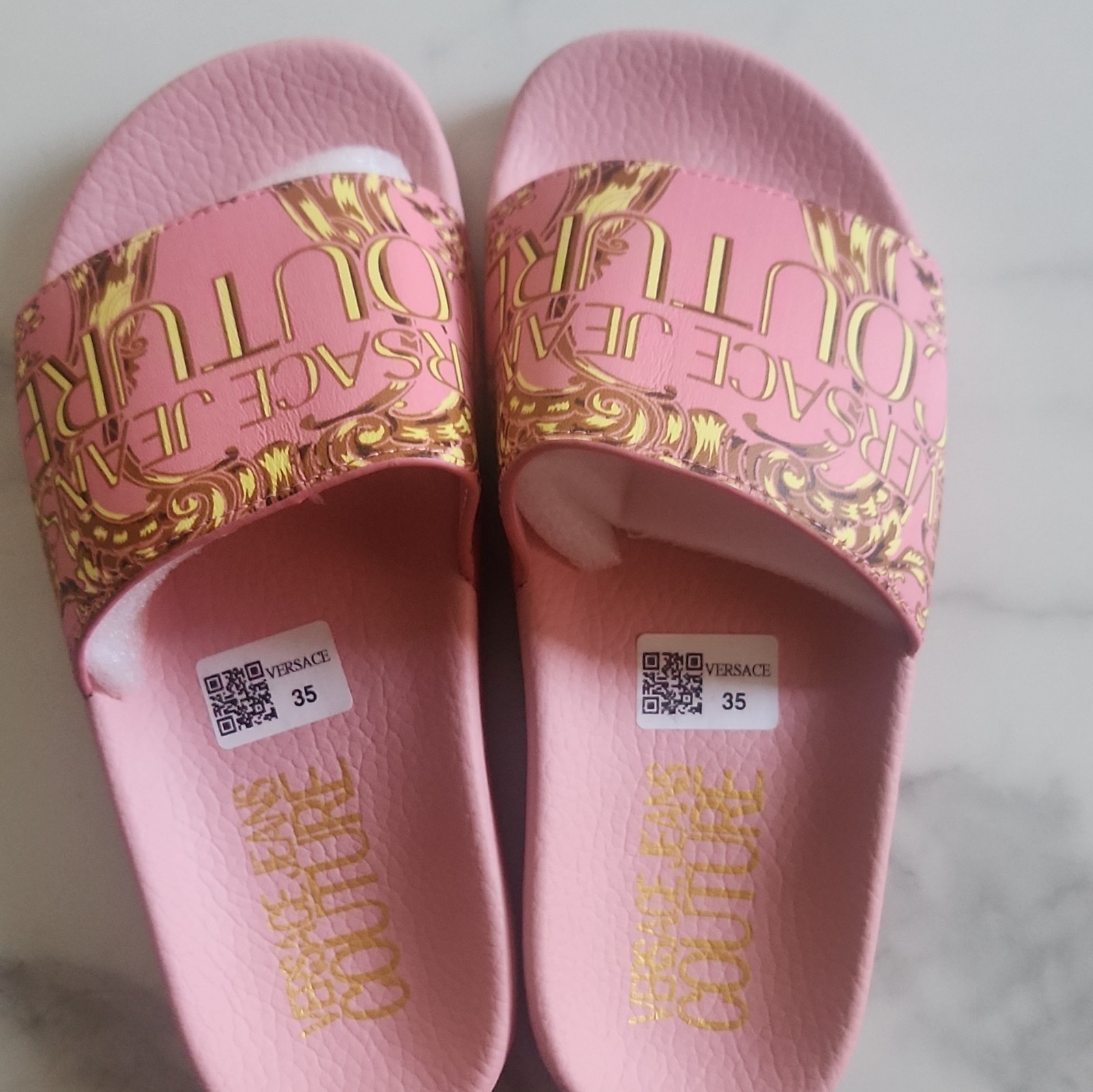 Versace Jeans Couture Logo Pink/Gold Slide Sandals Women’s US 3.5 EU 35