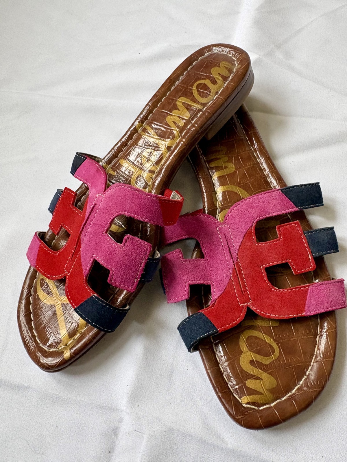 Sam Edelman Women’s Bay Slide Sandals in Pink, Red & Navy Suede | Size 7.5