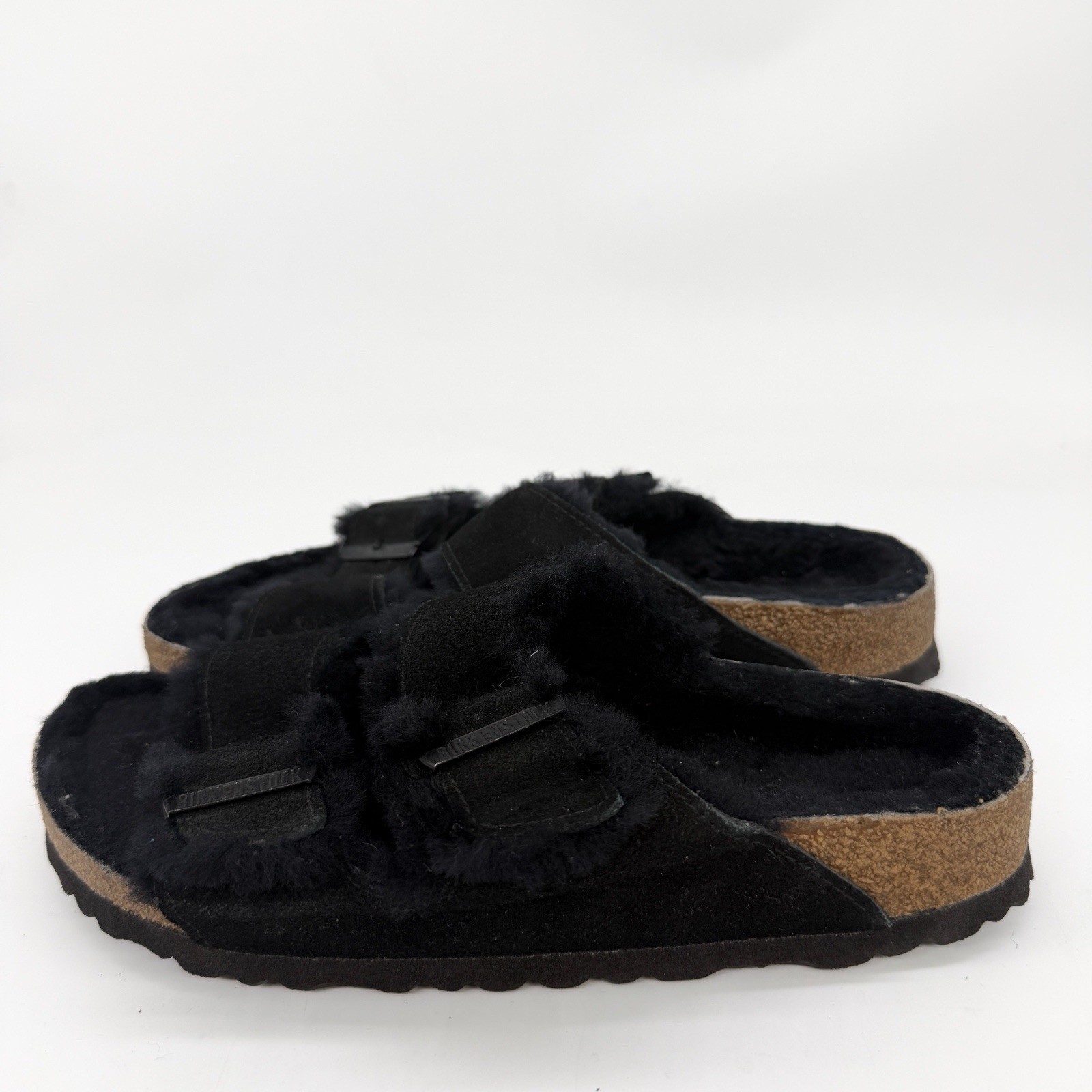 Birkenstock Arizona Shearling Lined Womens 7 Mens 5 Black Suede Leather Sandals