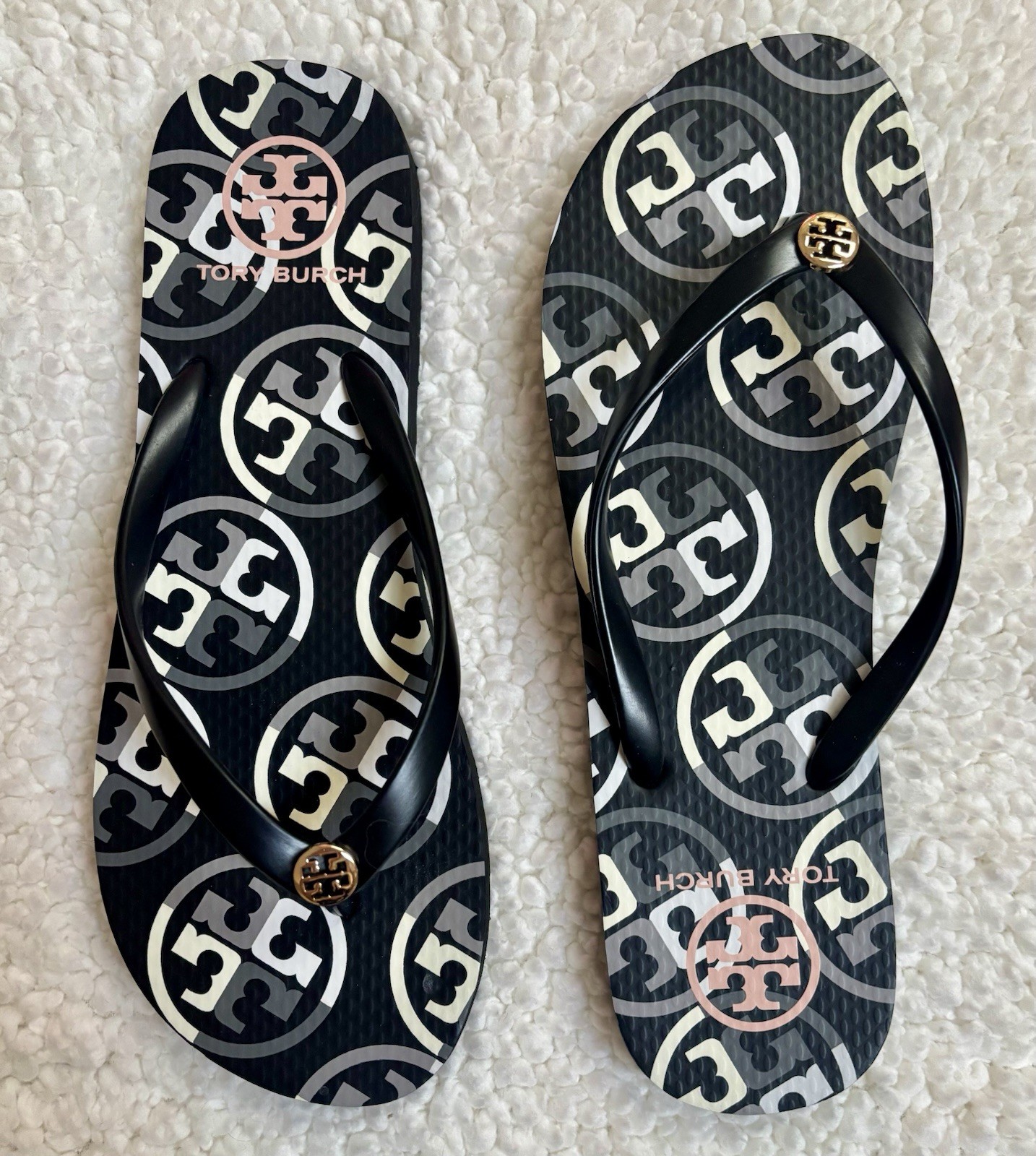 Tory Burch Sandals Womens 9 Black Flip Flops Gold Logo T Monogram