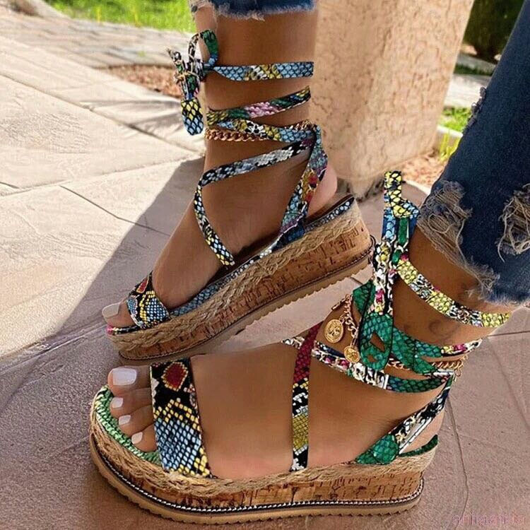 Women’s Snake Print Lace Up Platform Wedge shoes