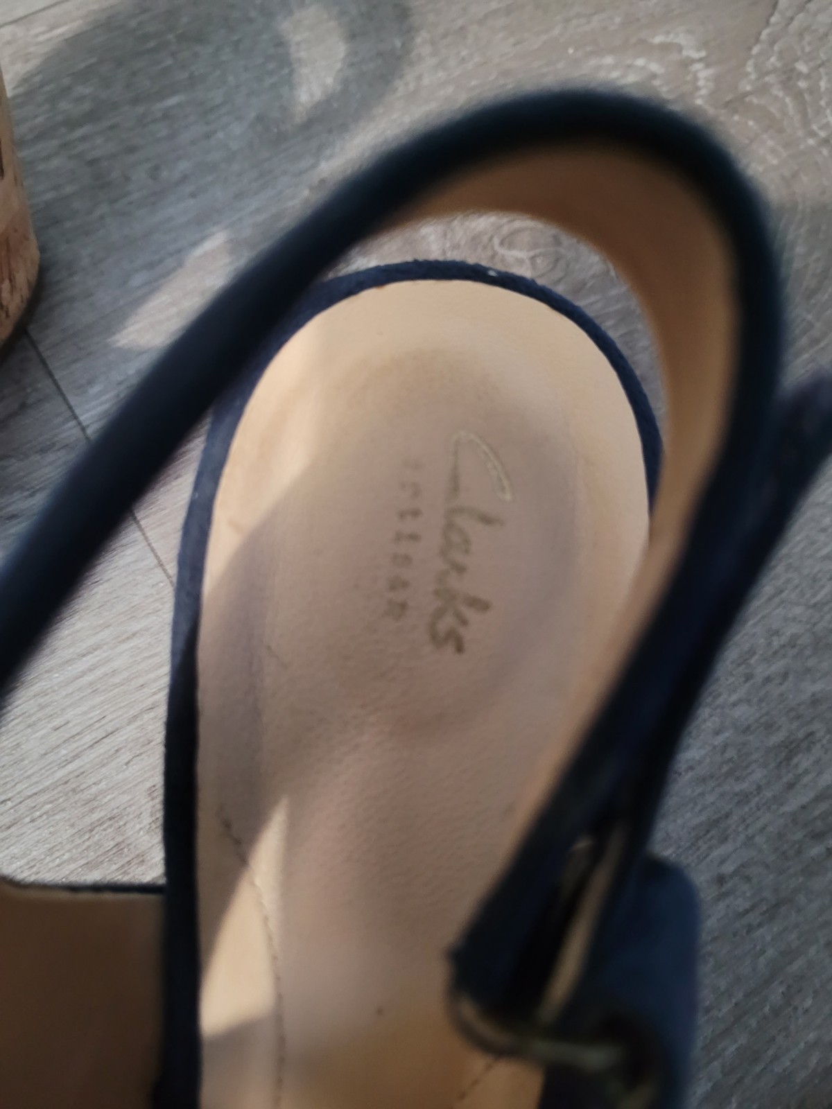 Clarks Blue Leather Slingback Wedge Sandals 9.5 Cork Accent Hook & Loop