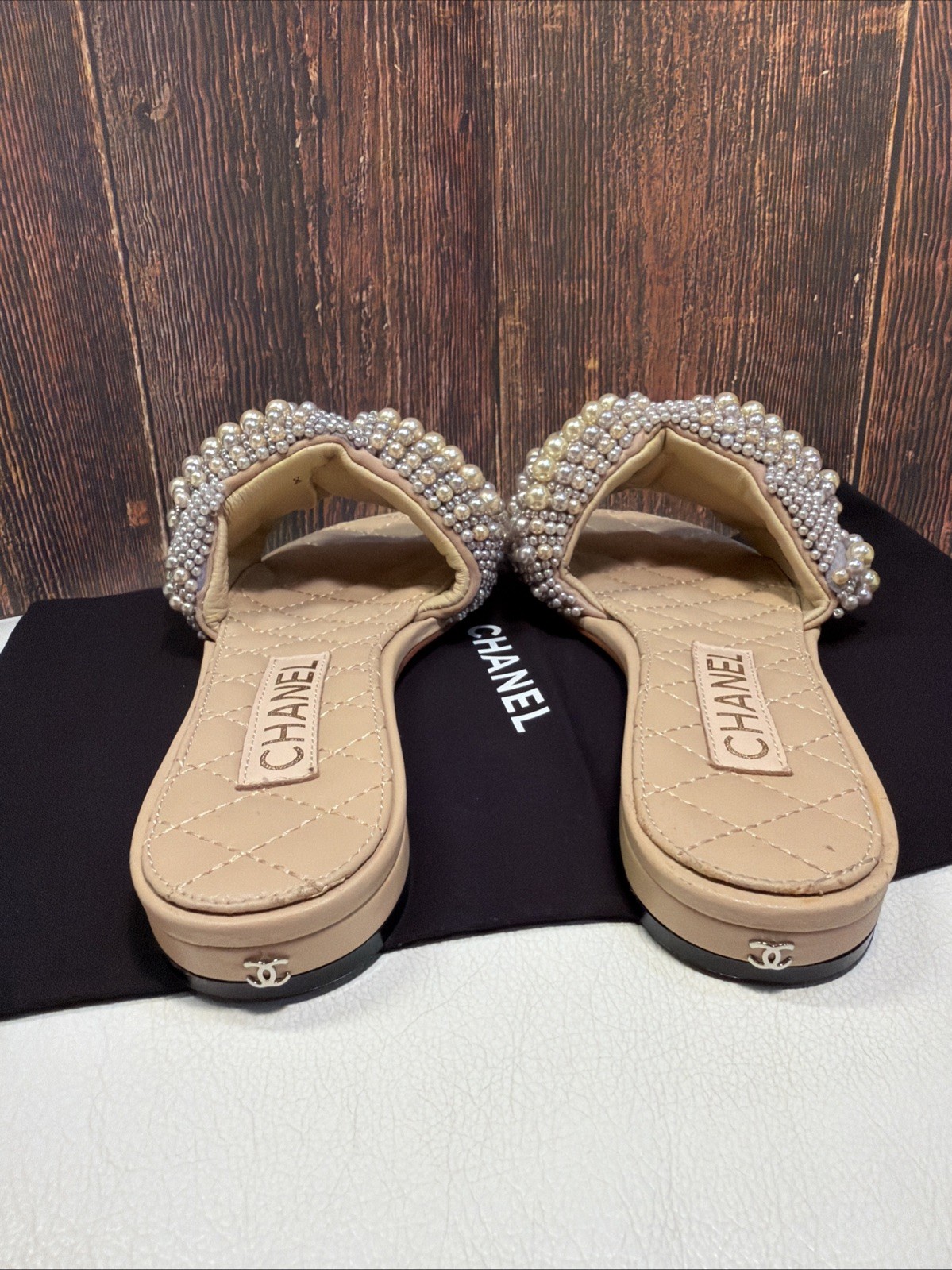CHANEL Cuba Silver Gold Beige rope pearl twist slipper sandals EU37
